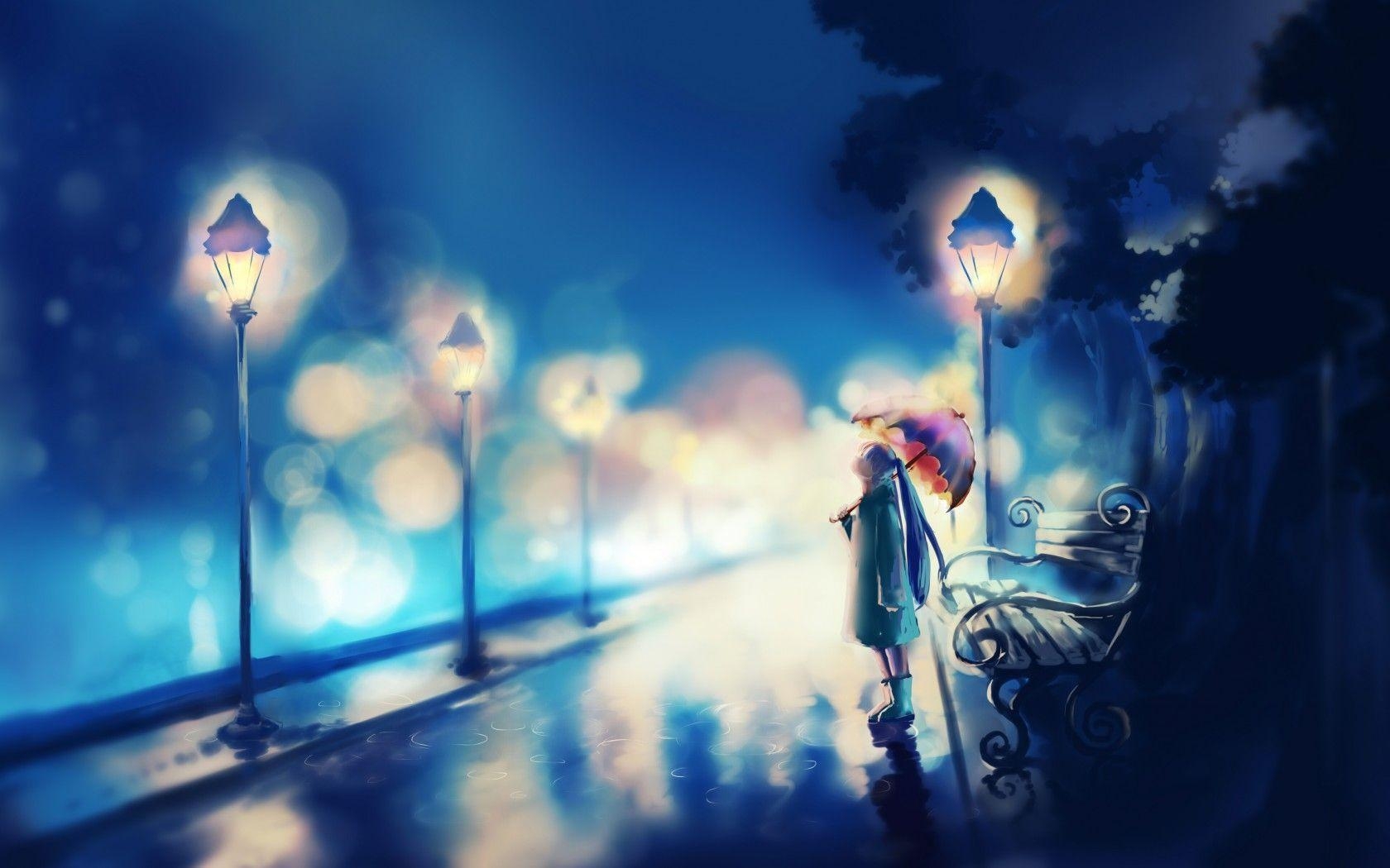 1680x1050 Night Lights Alone Girl Painting Wallpaper Download HD, Desktop