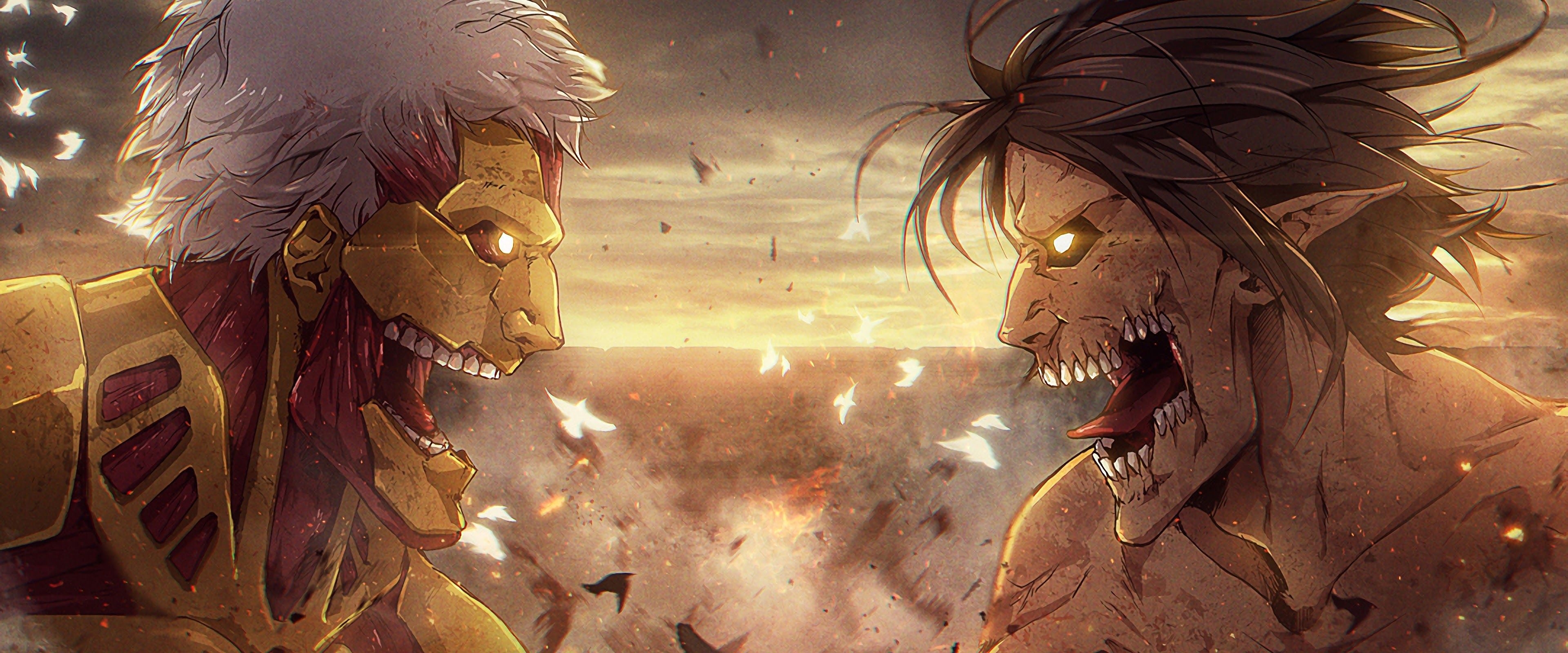 3840x1600 Armored Titan vs. Attack Titan Attack on Titan 4K Wallpaper, Dual Screen