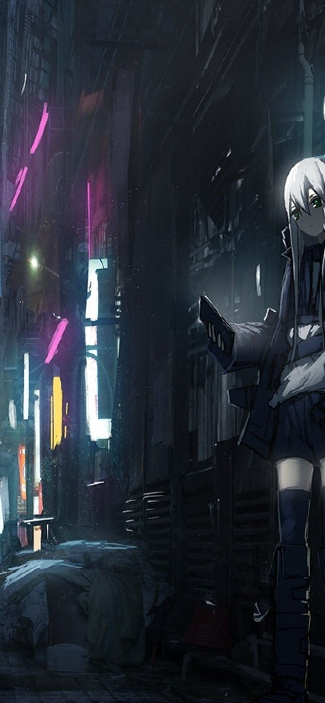 1130x2440 Download  Anime Dark City, Skyscrapers, Back Streets, Girl, People, Neon Lights Wallpaper for iPhone 11 Pro & X, Phone