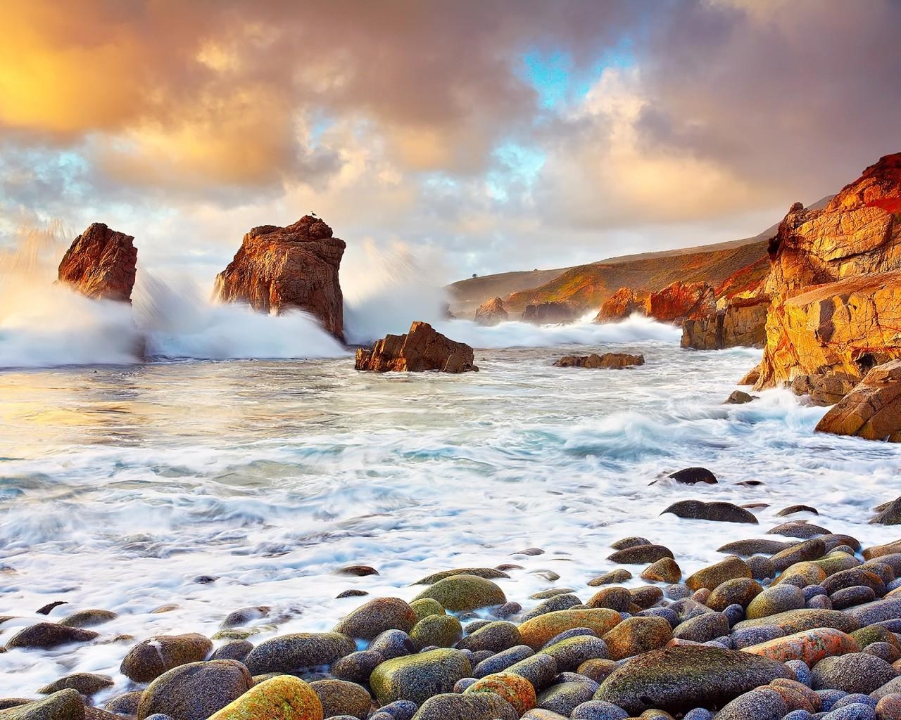 1280x1030 Download  Ocean, Waves, Stones, Rocks, California, Desktop