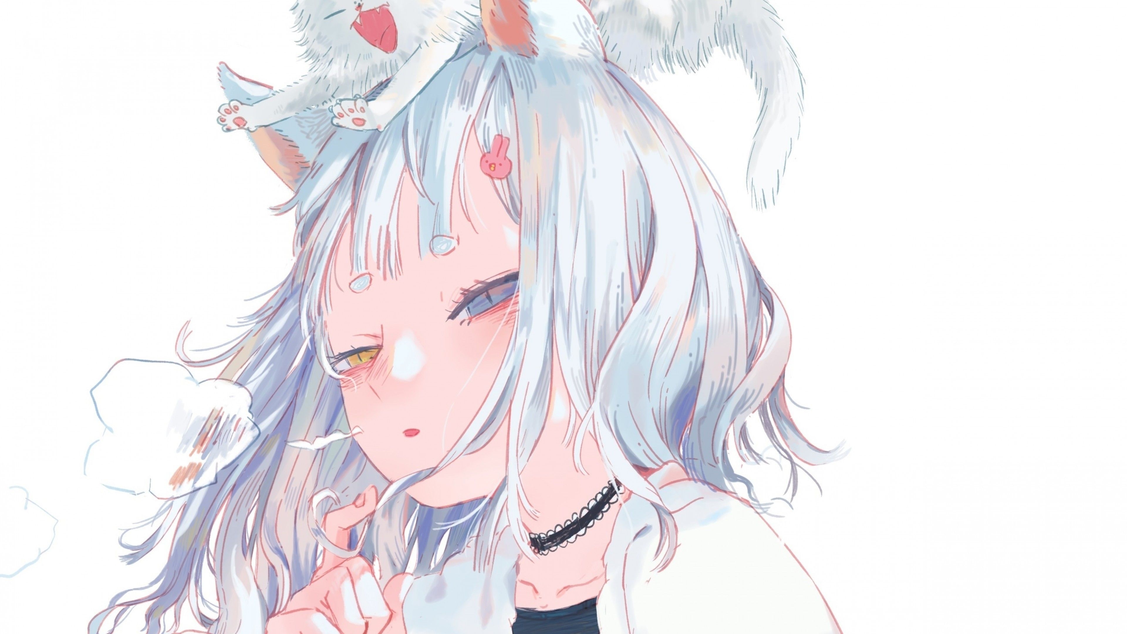 3840x2160 Download  Choker, White Cat, Anime Girl, Animal Ears, Gray Hair Wallpaper for UHD TV, Desktop