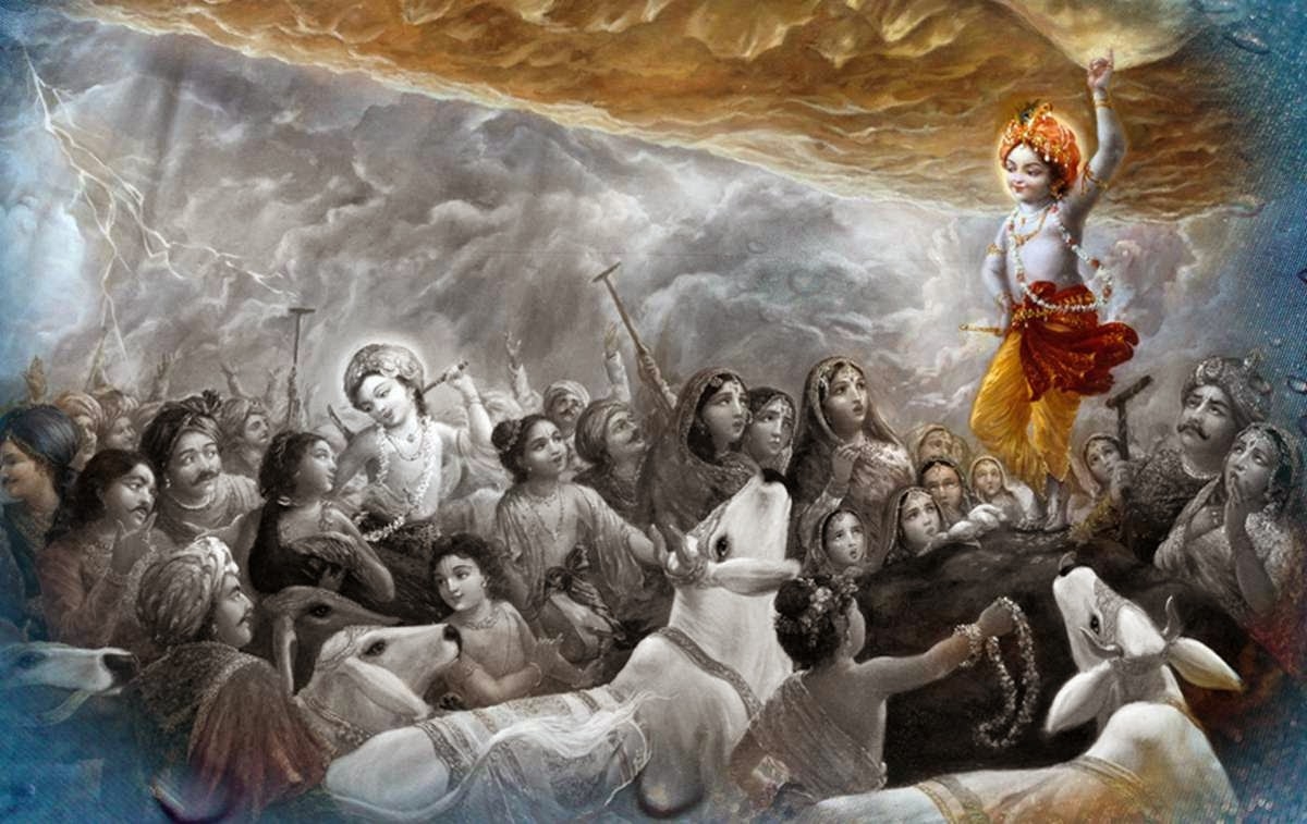 1200x760 Shri Krishna taking up Govardhan Hill and crushing ego of Indra Desire Tree, Desktop