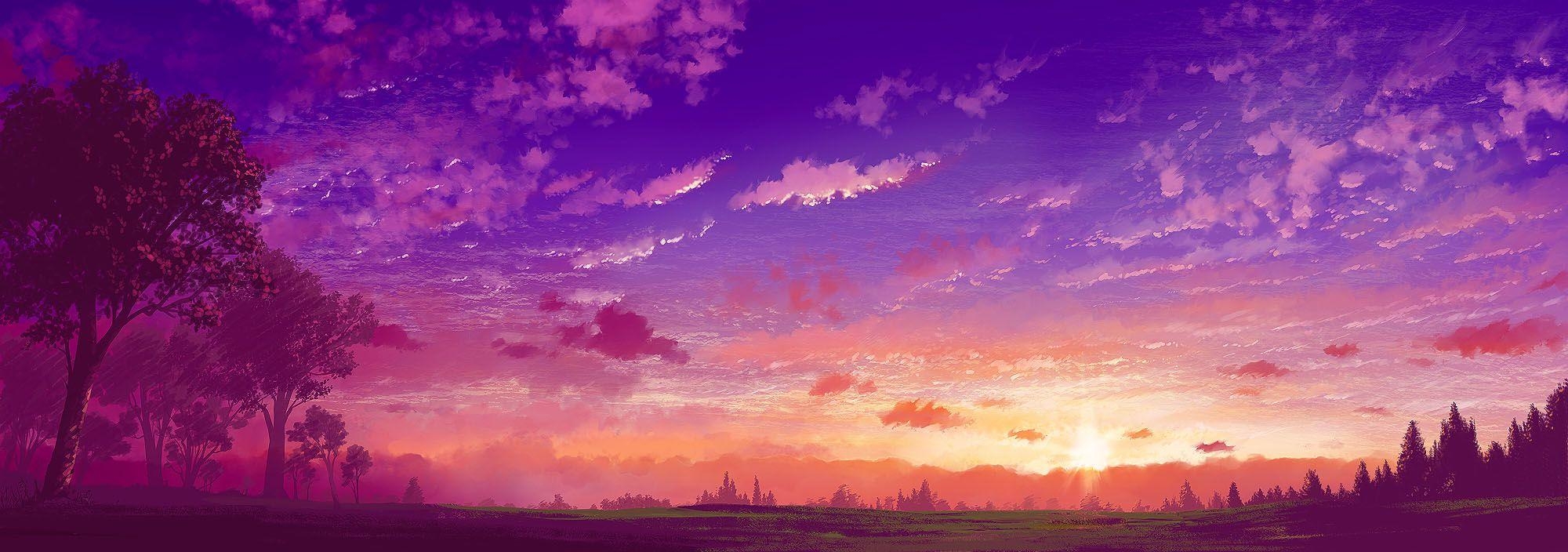 2000x710 Anime Scenery Wallpaper Purple Landscape, HD Wallpaper, Dual Screen