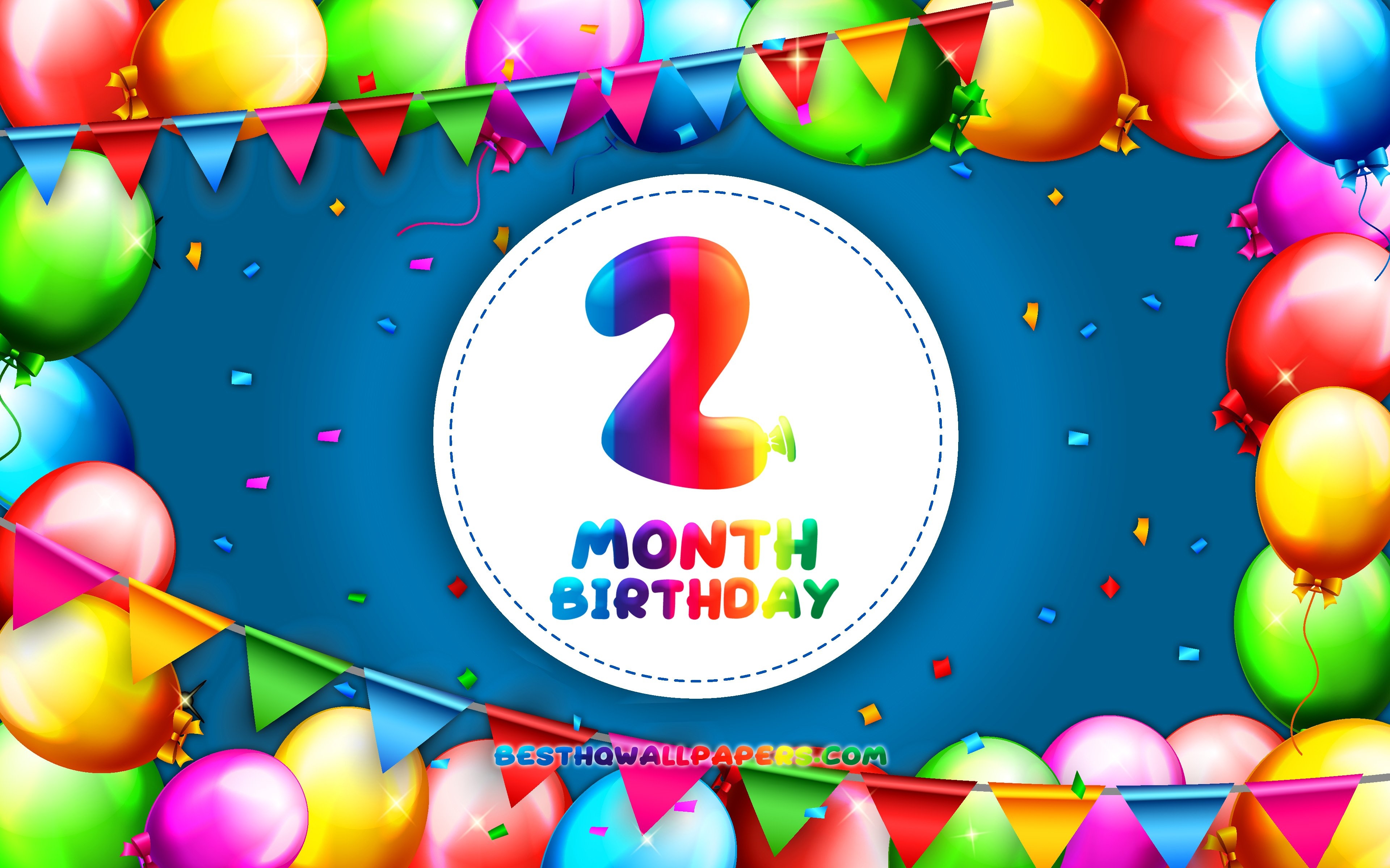 3840x2400 Download wallpaper Happy 2nd Month birthday, 4k, colorful balloon frame, 2 month of my boy, blue background, Happy 2 Month Birthday, creative, 2nd Month Birthday, Birthday concept, 2 Month Son Birthday for, Desktop