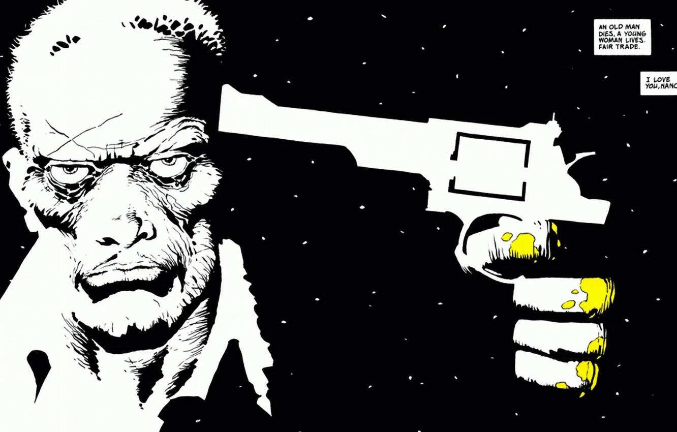 1340x850 Wallpaper white, gun, black, minimalism, Sin City, quote, comic, Sin, Desktop