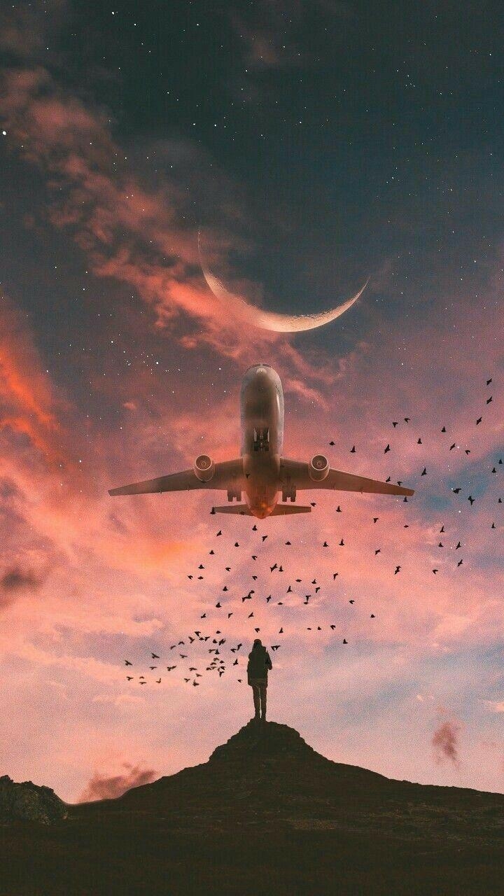 720x1280 Plane flying in the sunset. photo. Aesthetic, Phone