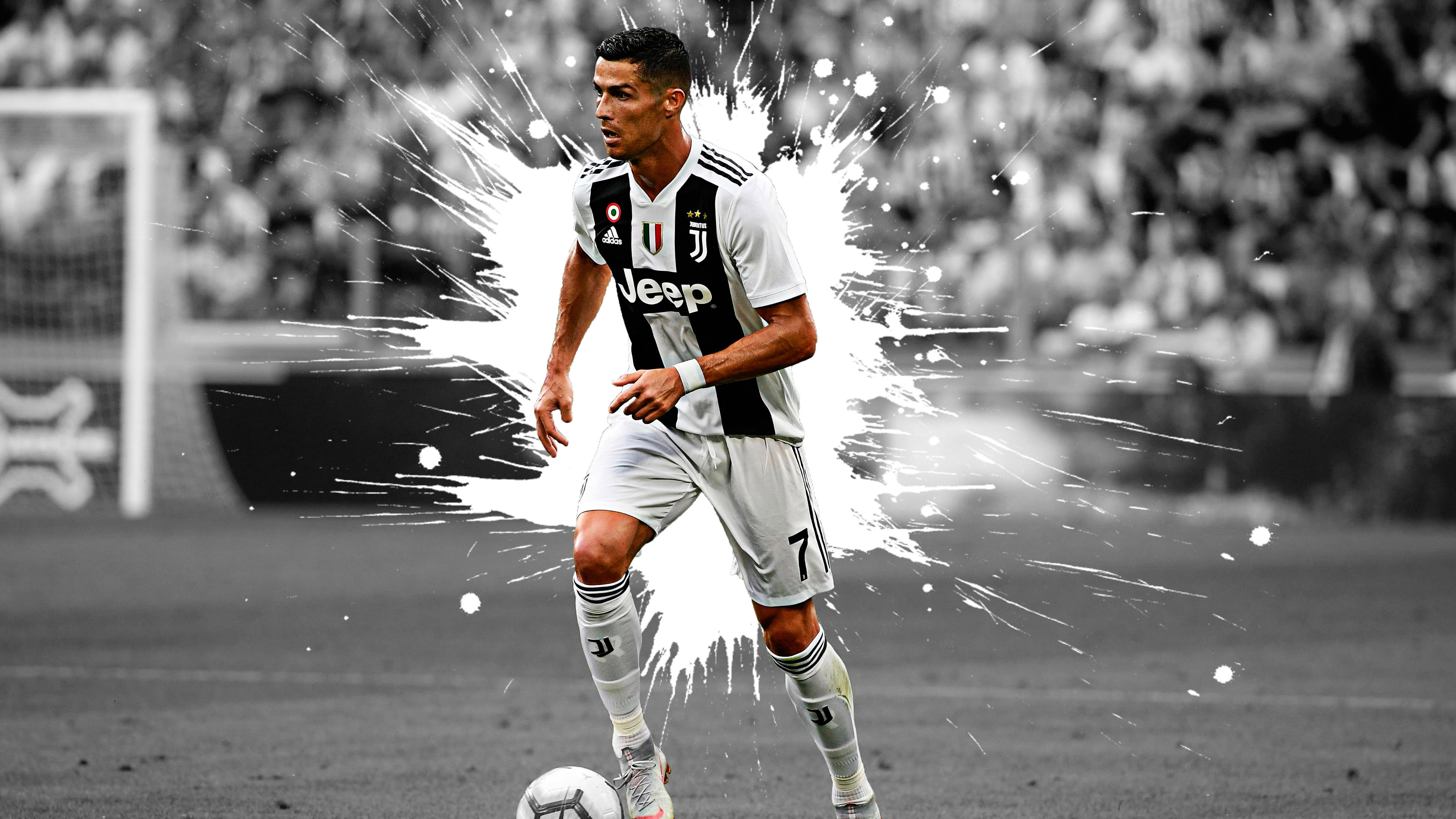 3840x2160 Cristiano Ronaldo CR7 Is Wearing White Black Sports Dress In Blur Stadium Background 4K HD Cristiano Ronaldo Wallpaper, Desktop