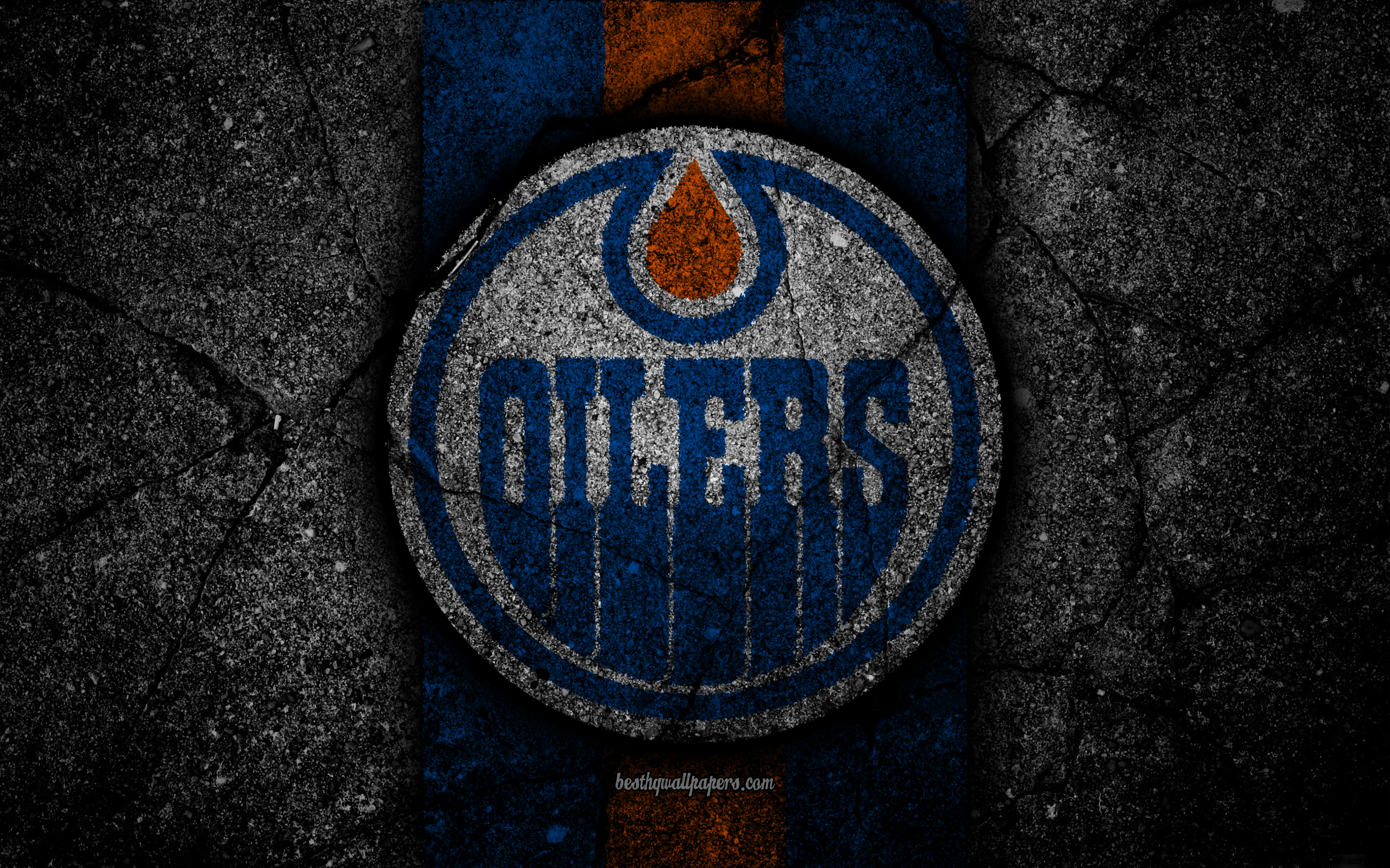 3840x2400 Download wallpaper 4k, Edmonton Oilers, logo, hockey club, NHL, black stone, Western Conference, USA, Asphalt texture, hockey, Pacific Division for desktop with resolution. High Quality HD picture wallpaper, Desktop