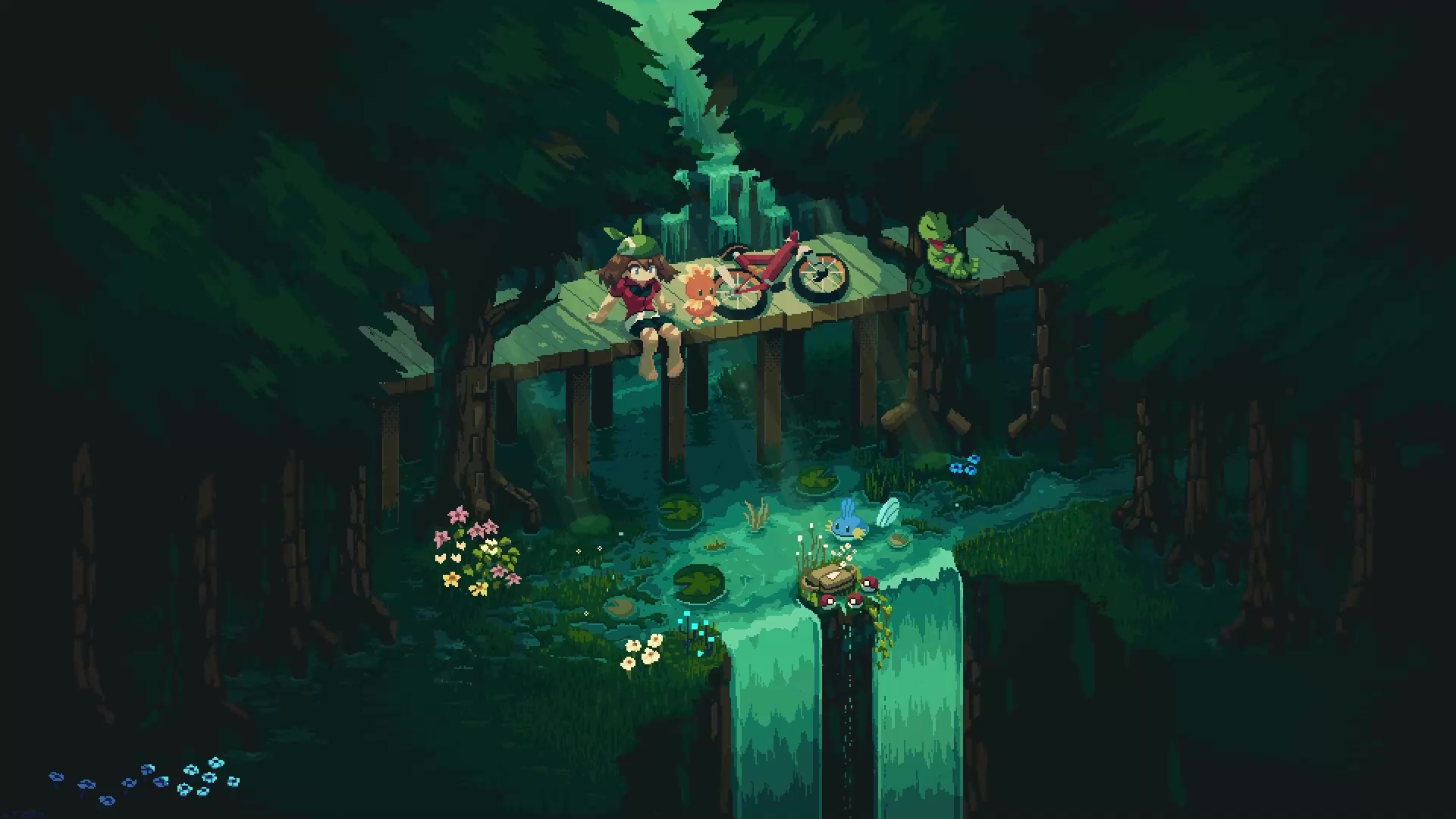 1920x1080 May Sitting Near Waterfall Pokemon Emerald Pixel Live Wallpaper, Desktop