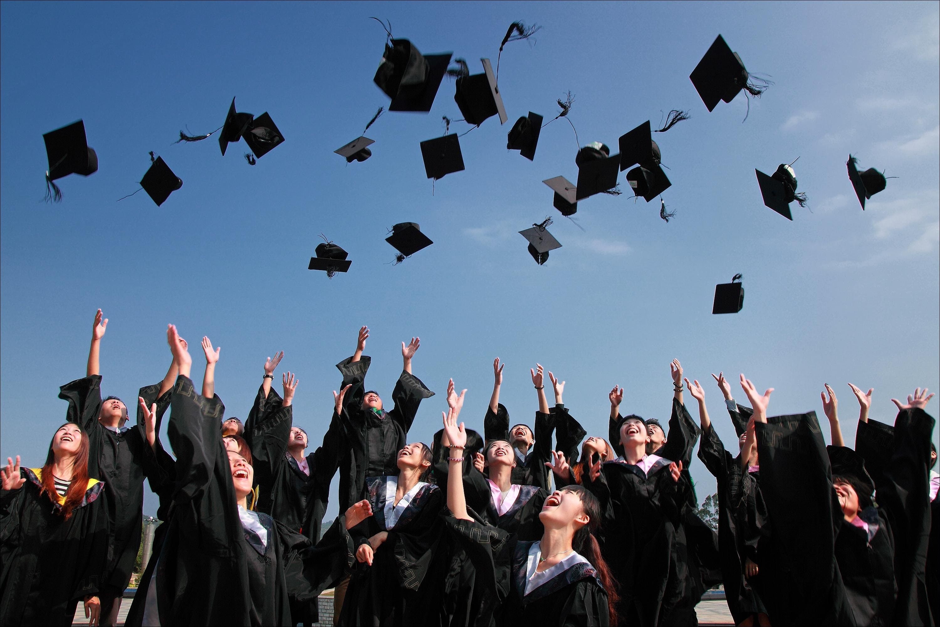 3000x2000 Newly Graduated People Wearing Black Academy Gowns Throwing Hats Up in the Air · Free, Desktop