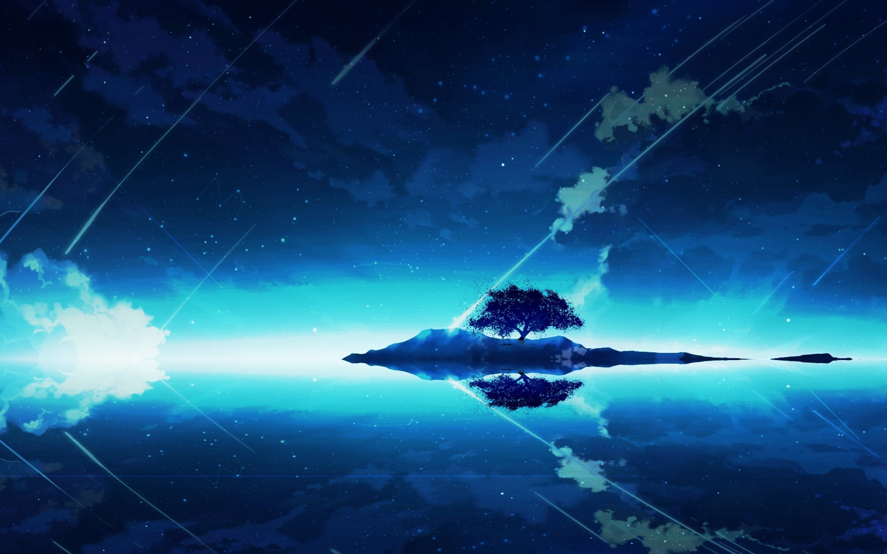 2880x1800 Download  Anime Landscape, Lonely Tree, Reflection, Water, Cloud, Stars Wallpaper for MacBook Pro 15 inch, Desktop