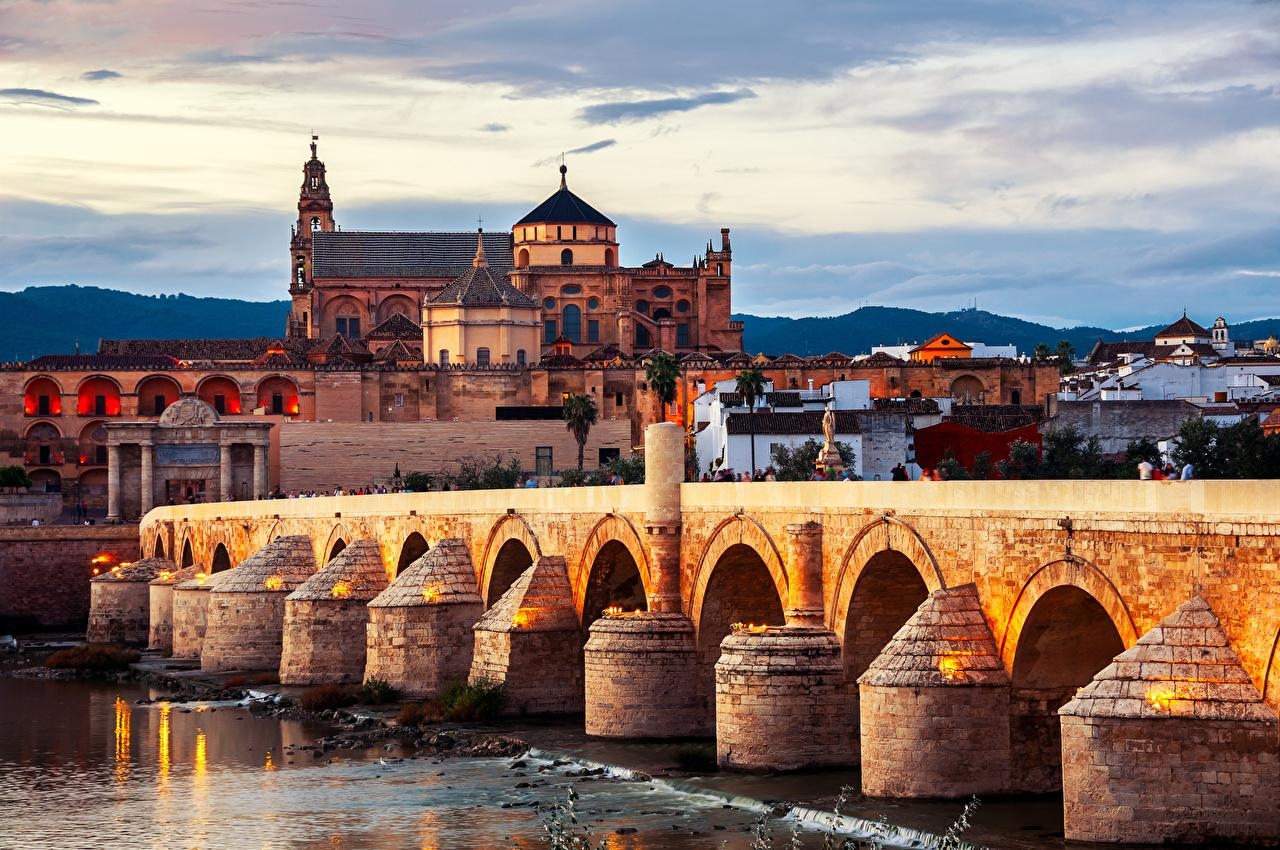 1280x850 Wallpaper Spain Roman bridge Cordoba Bridges Rivers Cities Houses, Desktop