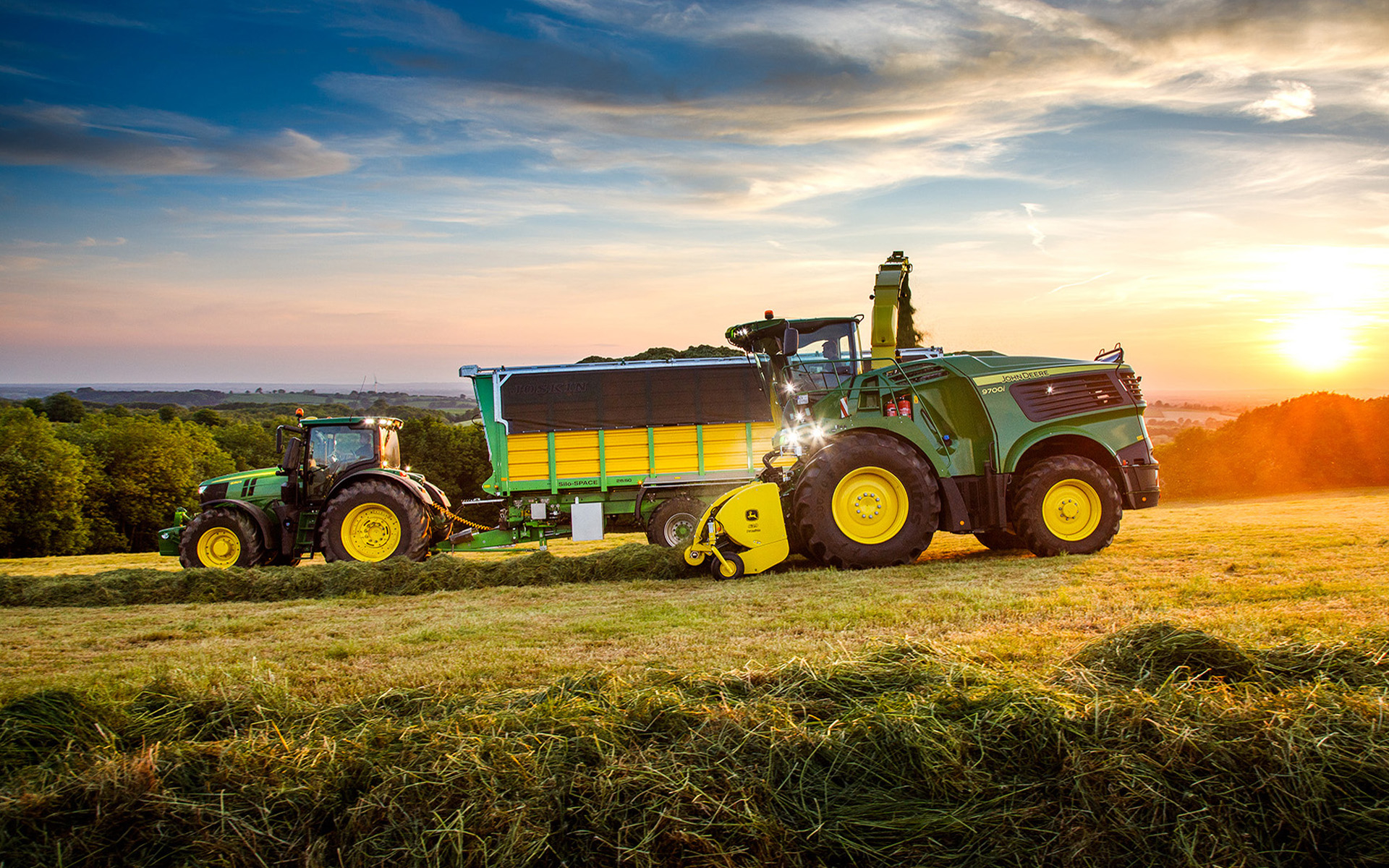 1920x1200 Download wallpaper John Deere 9700i, John Deere 6250R, picking grass, 2021 tractors, HDR, agricultural machinery, harvest, green tractor, agriculture, John Deere for desktop with resolution. High Quality HD picture wallpaper, Desktop