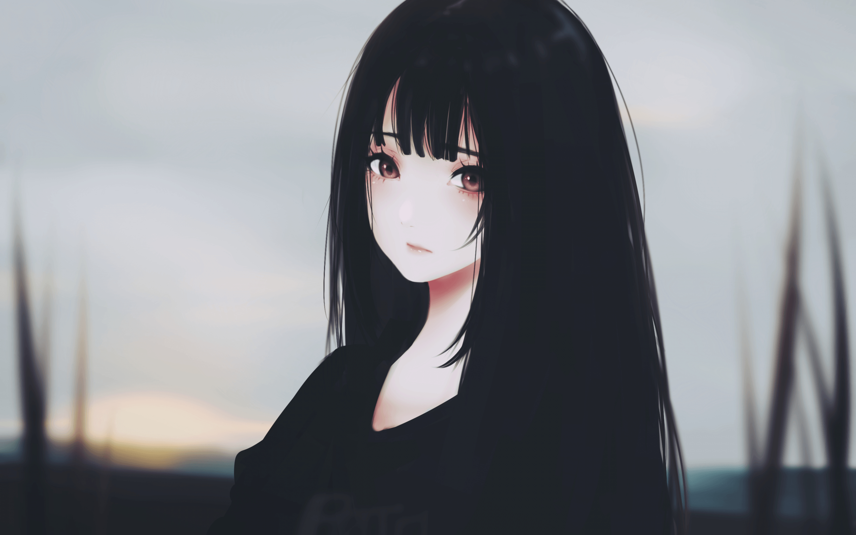 2880x1800 Download  Anime Girl, Black Hair, Sad Expression, Semi, Desktop