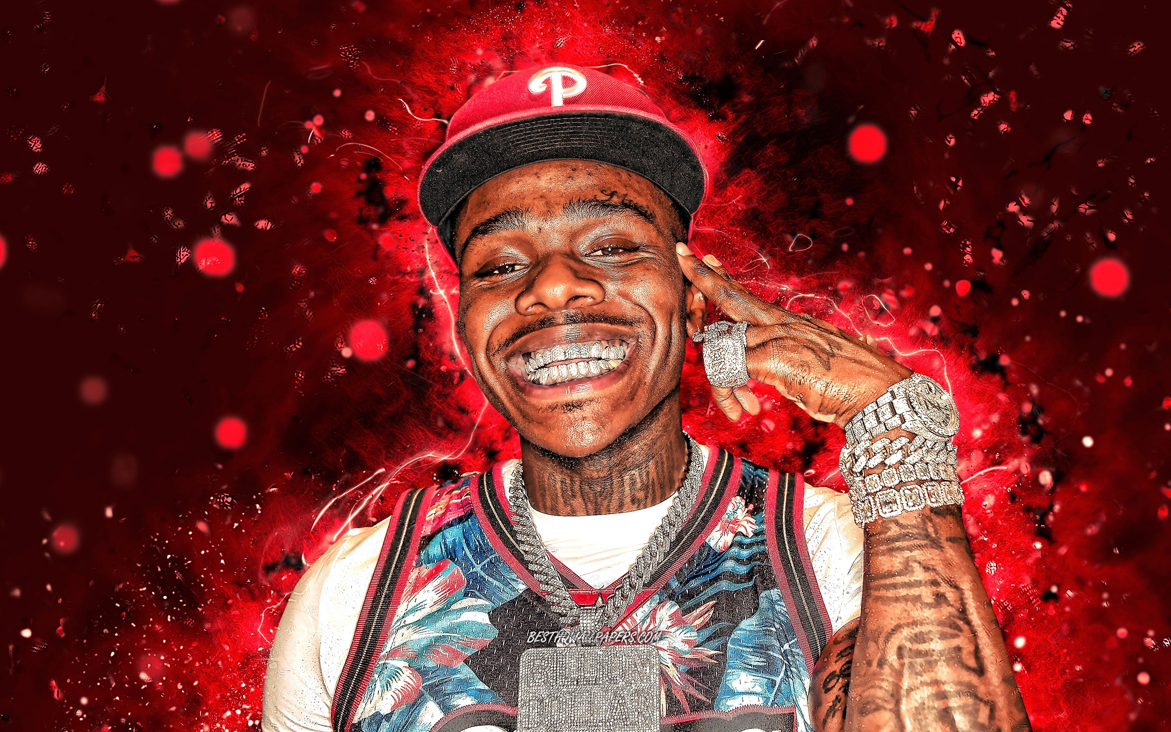 3840x2400 Download wallpaper DaBaby, 4k, american rapper, red neon lights, music stars, creative, Jonathan Lyndale Kirk, american celebrity, DaBaby 4K for desktop with resolution. High Quality HD picture wallpaper, Desktop