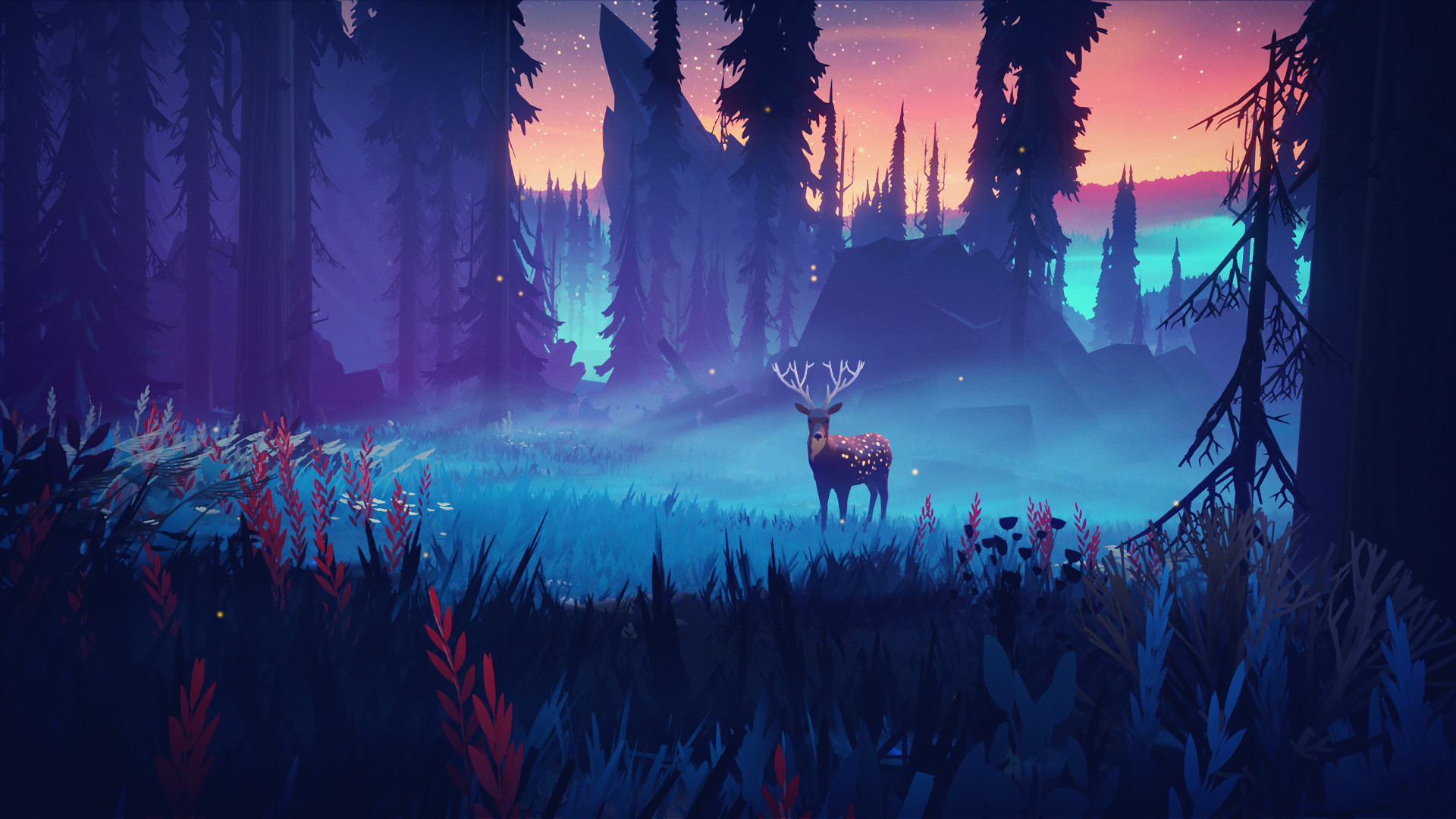 1920x1080 Stars Fantasy Art Digital Art Deer Plants Grass Forest Twilight Video Games, Desktop