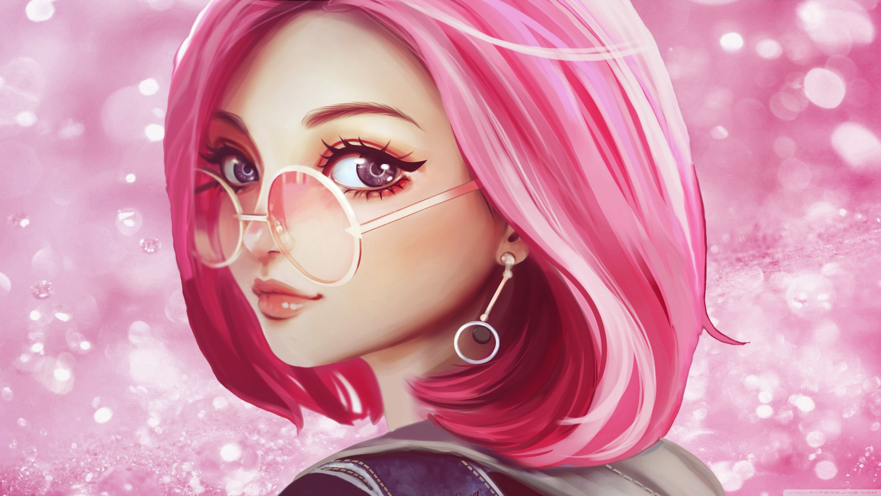 3560x2000 Cute Girl Pink Hair Sunglasses Digital Art Drawing Ultra HD, Desktop