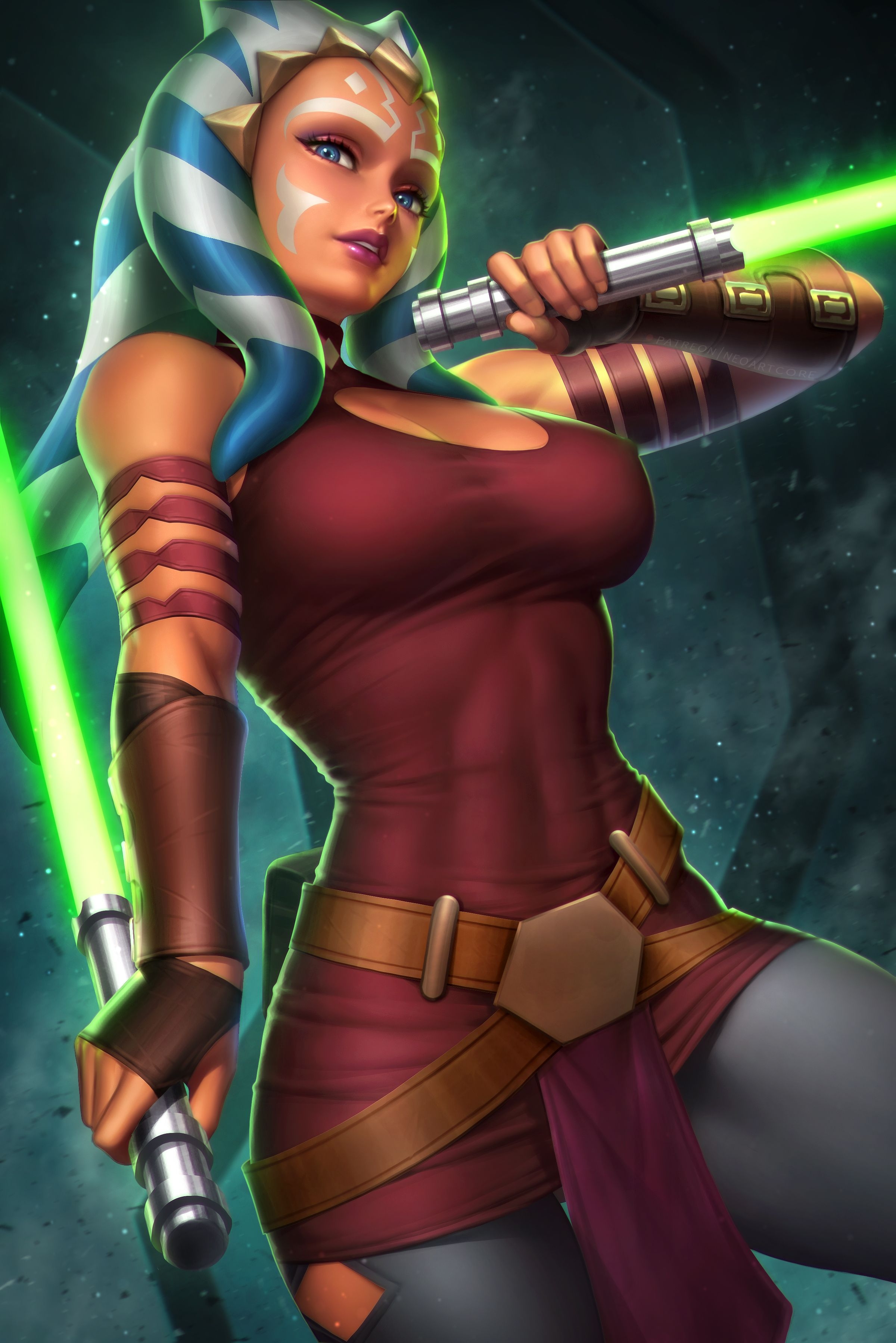 2400x3600 Wallpaper, Ahsoka Tano, Star Wars, fictional character, women, looking at viewer, blue eyes, Low Angle, portrait display, vertical, fantasy girl, lightsaber, glowing, dress, straps, arm warmers, artwork, drawing, illustration, digital art, Phone