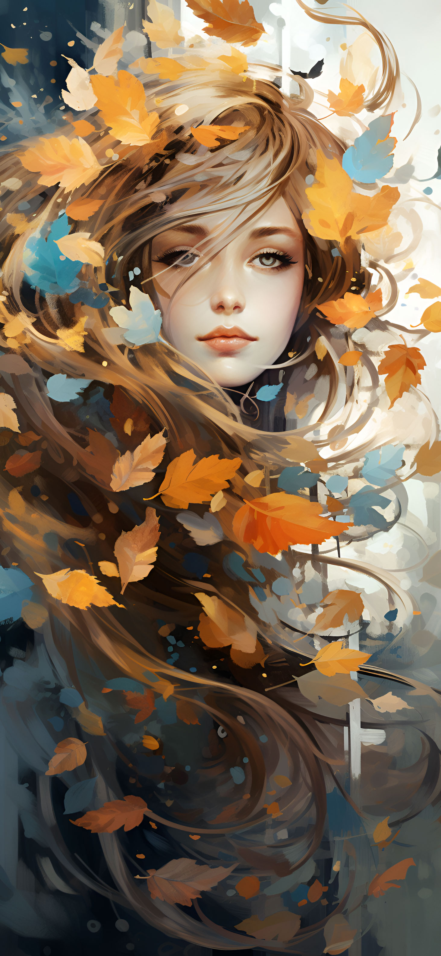 1470x3180 Beautiful Girl in Autumn Leaves Art Wallpaper Wallpaper 4k, Phone