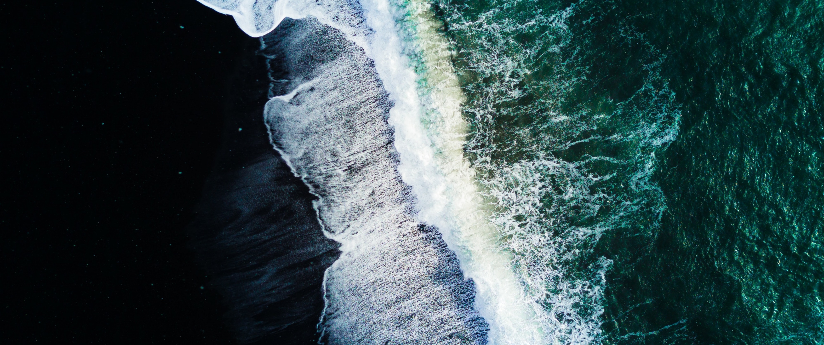 3440x1440 Reynisfjara Black Sand Beach Wallpaper 4K, Waves, Aerial view, Dual Screen