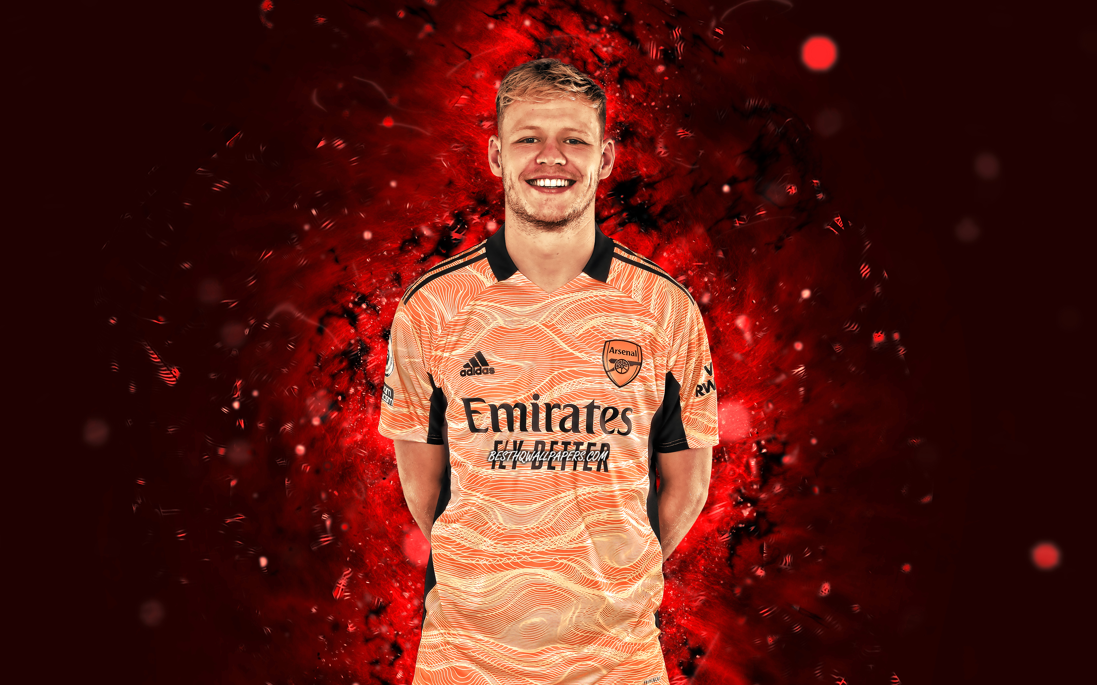 3840x2400 Download wallpaper Aaron Ramsdale, 4k, english footballers, Arsenal FC, red neon lights, Aaron Christopher Ramsdale, soccer, Premier League, football, The Gunners, Aaron Ramsdale Arsenal, Aaron Ramsdale 4K for desktop with resolution, Desktop