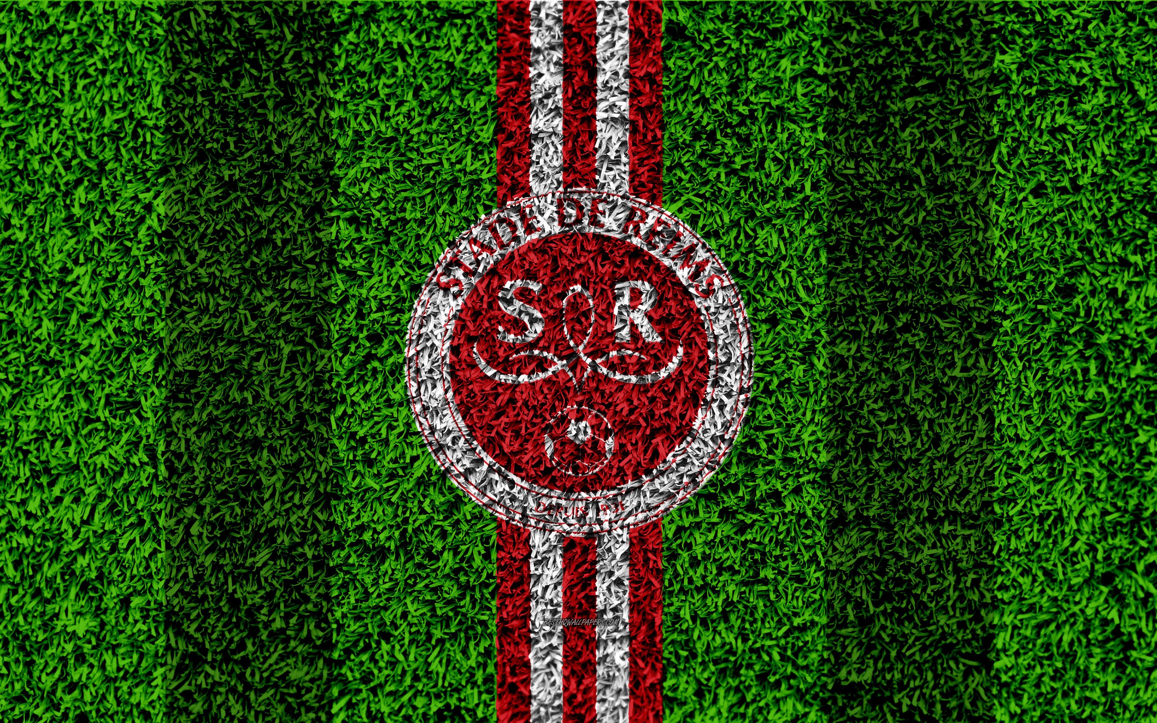 3840x2400 Download wallpaper Reims FC, 4k, logo, football lawn, french, Desktop