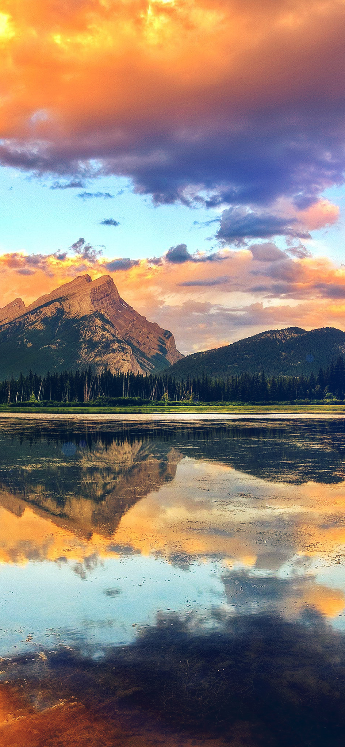 1130x2440 iPhone X wallpaper. mountain lake sunset nature summer flare gold, Phone