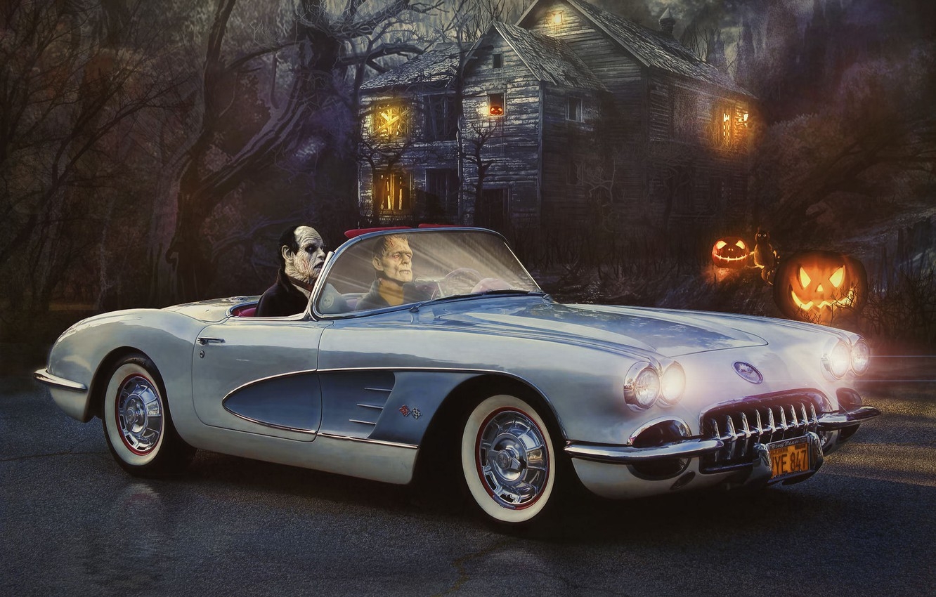 1340x850 Wallpaper road, lights, house, the evening, zombies, car, Halloween, Frankenstein image for desktop, section праздники, Desktop