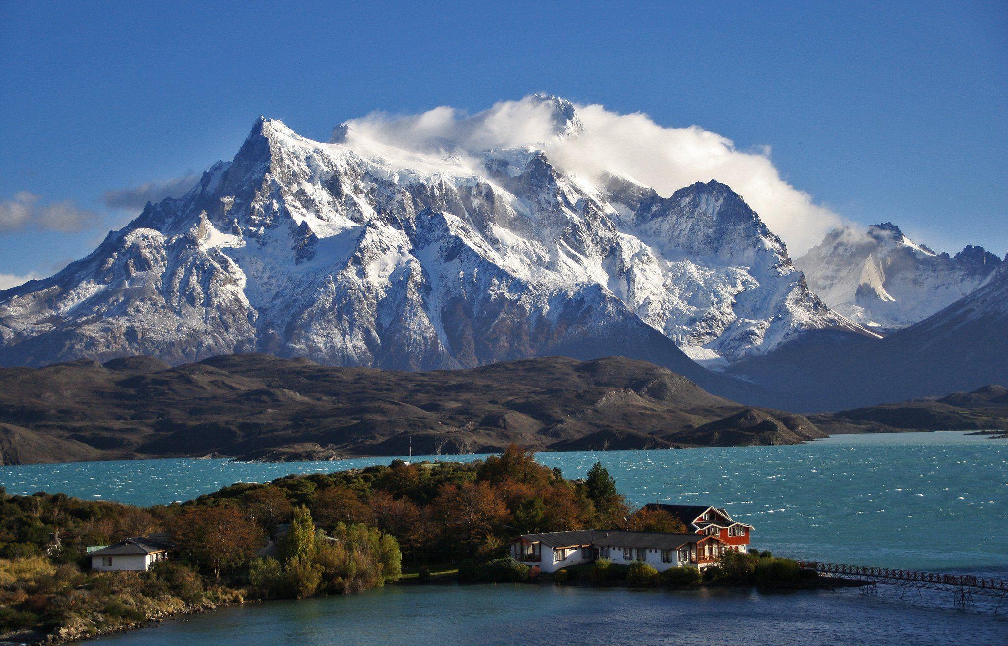 2050x1320 Patagonia Chile sky clouds mountains snow lake house trees nature, Desktop