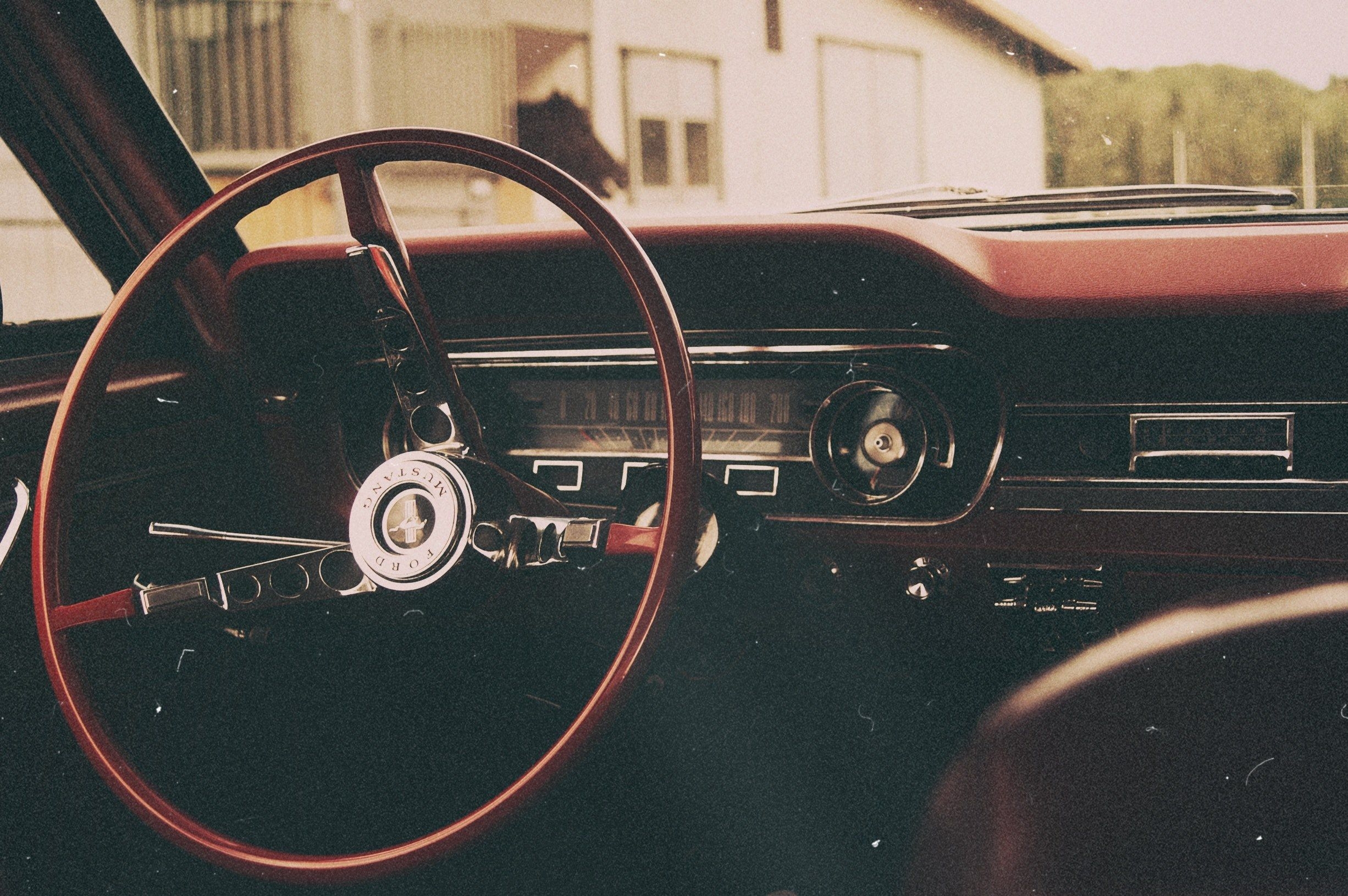 2460x1630 Wallpaper / ford mustang vintage automobile car interior shot focusing on the thin wheel with a barn of horses in the backgrounddshield, back in the feauture 4k wallpaper, Desktop