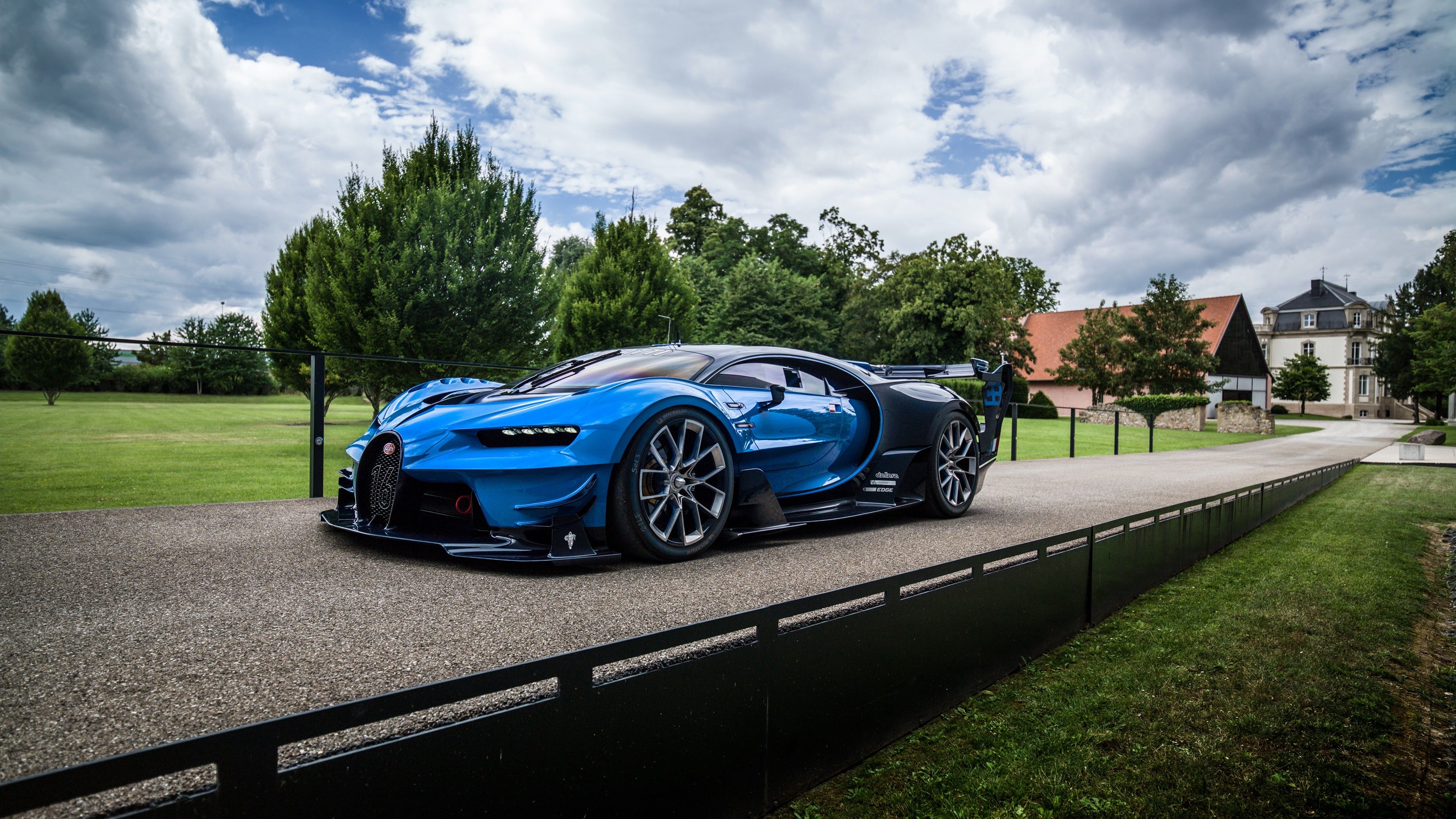 3840x2160 Wallpaper Bugatti Vision Gran Turismo blue hypercar, road, clouds, Desktop