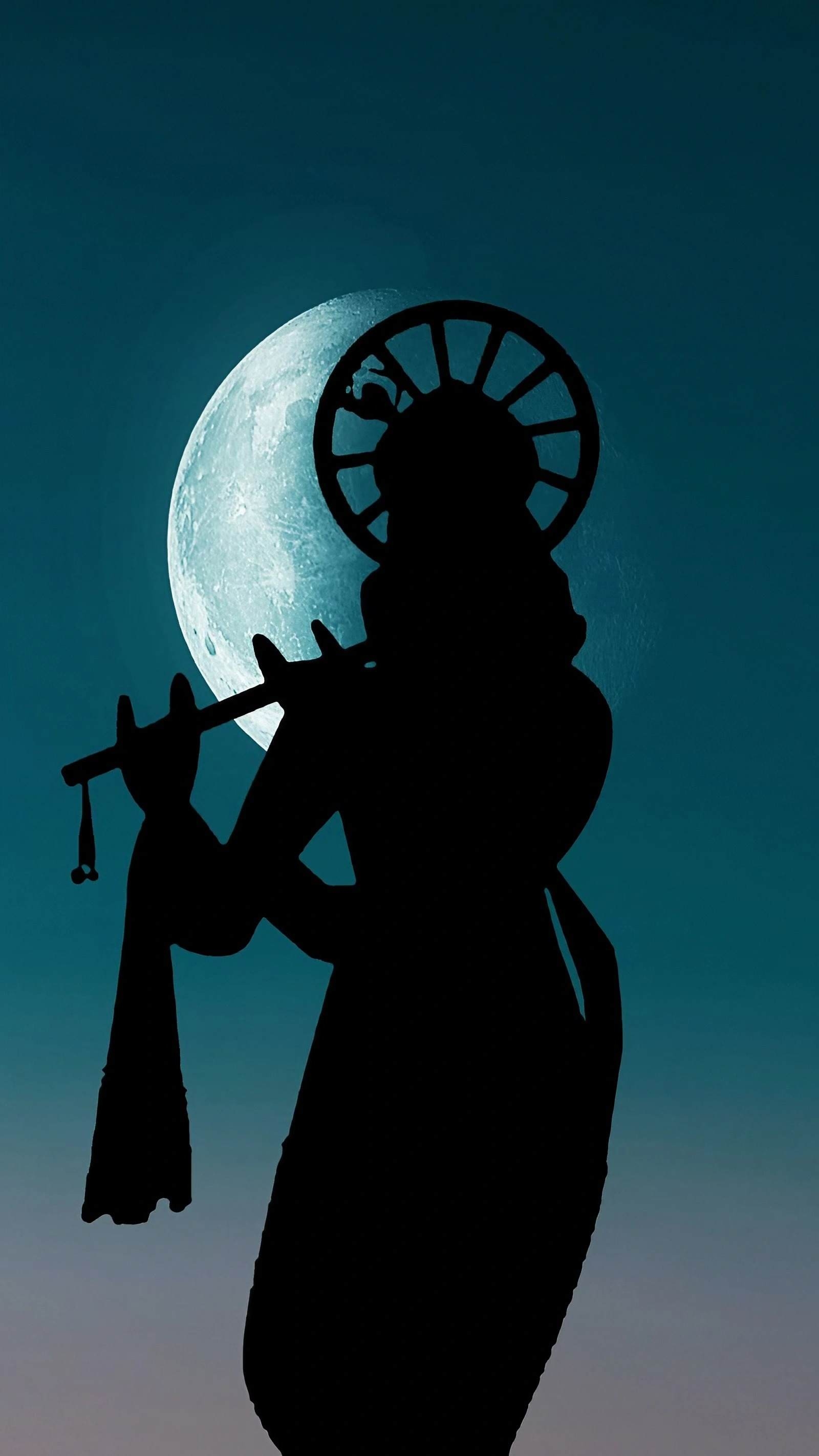 1600x2850 Krishna Silhouette With Moon Wallpaper Classic Krishna Wallpaper Digital Download, Phone