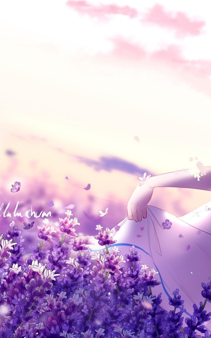 800x1280 Download  Anime Girl, Lavender Garden, Happy Face, Purple, Phone