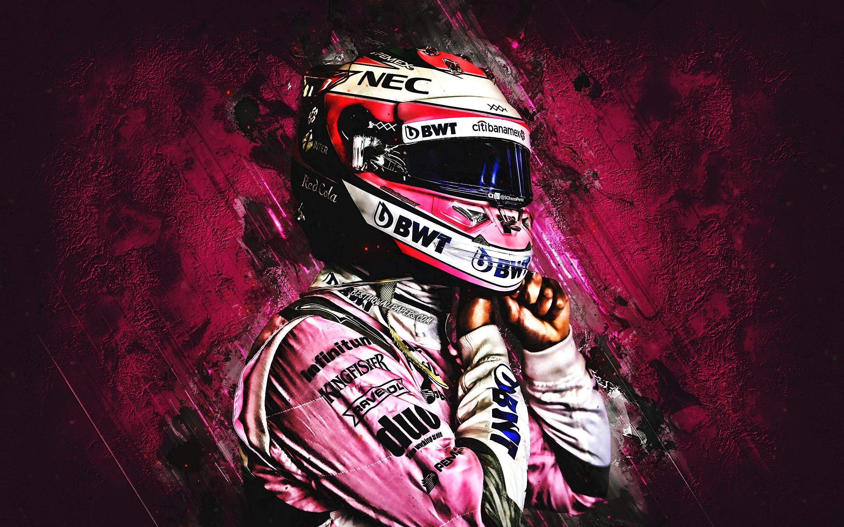 2880x1800 Download wallpaper Sergio Perez, grunge, Formula mexican racing driver, F SportPesa Racing Point F1 Team, Checo Perez, purple stone, Formula One for desktop with resolution. High Quality HD picture wallpaper, Desktop