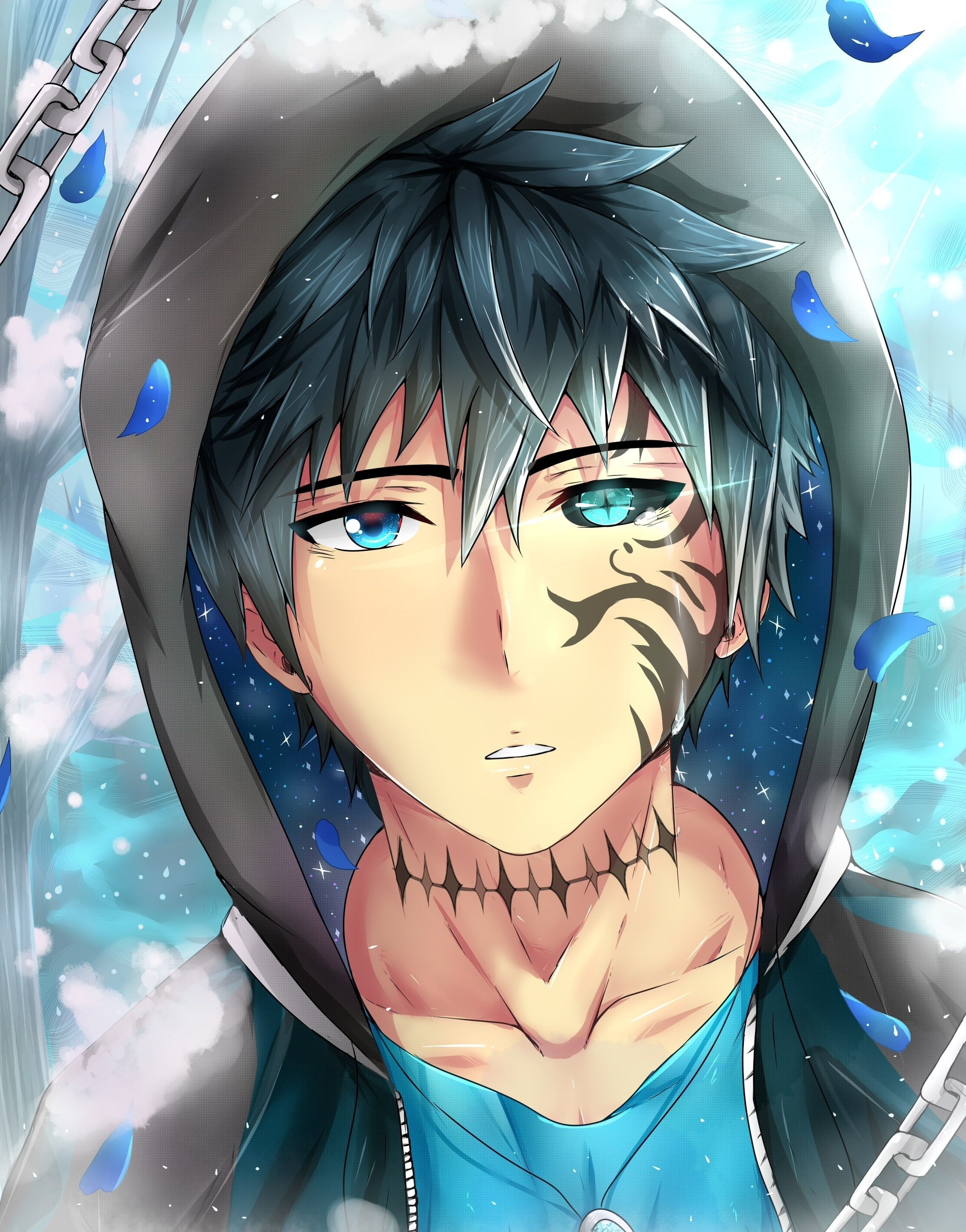 2270x2900 anime boy #tattoo colorful eyes #shape #petals #hoodie #Anime K #wallpaper #hdwallpaper #desktop. Animasi, Gambar anime, Seni, Phone