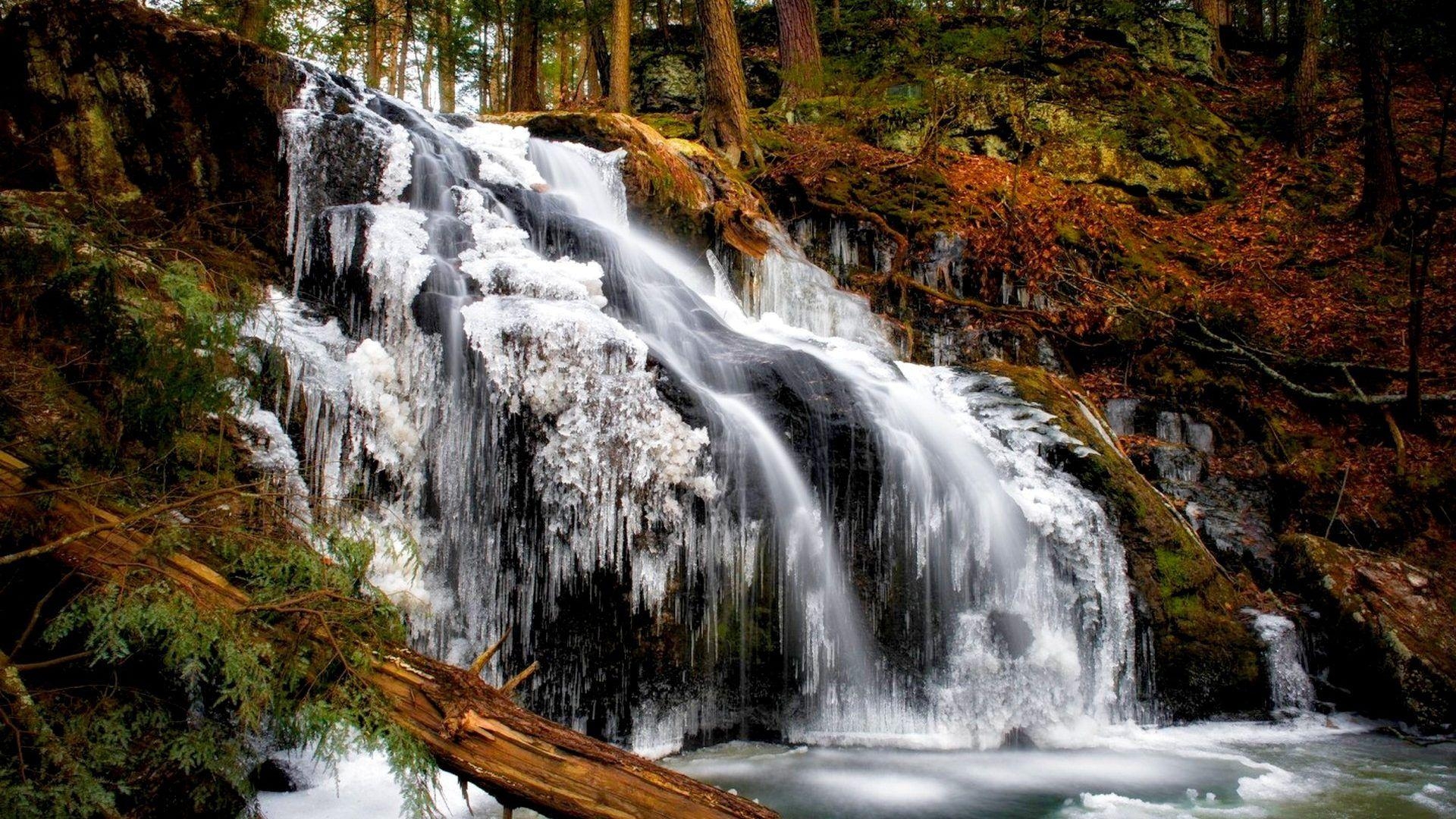 1920x1080 Waterfalls: Ice Falls Connecticut Forest Beautiful Nonnewaug, Desktop