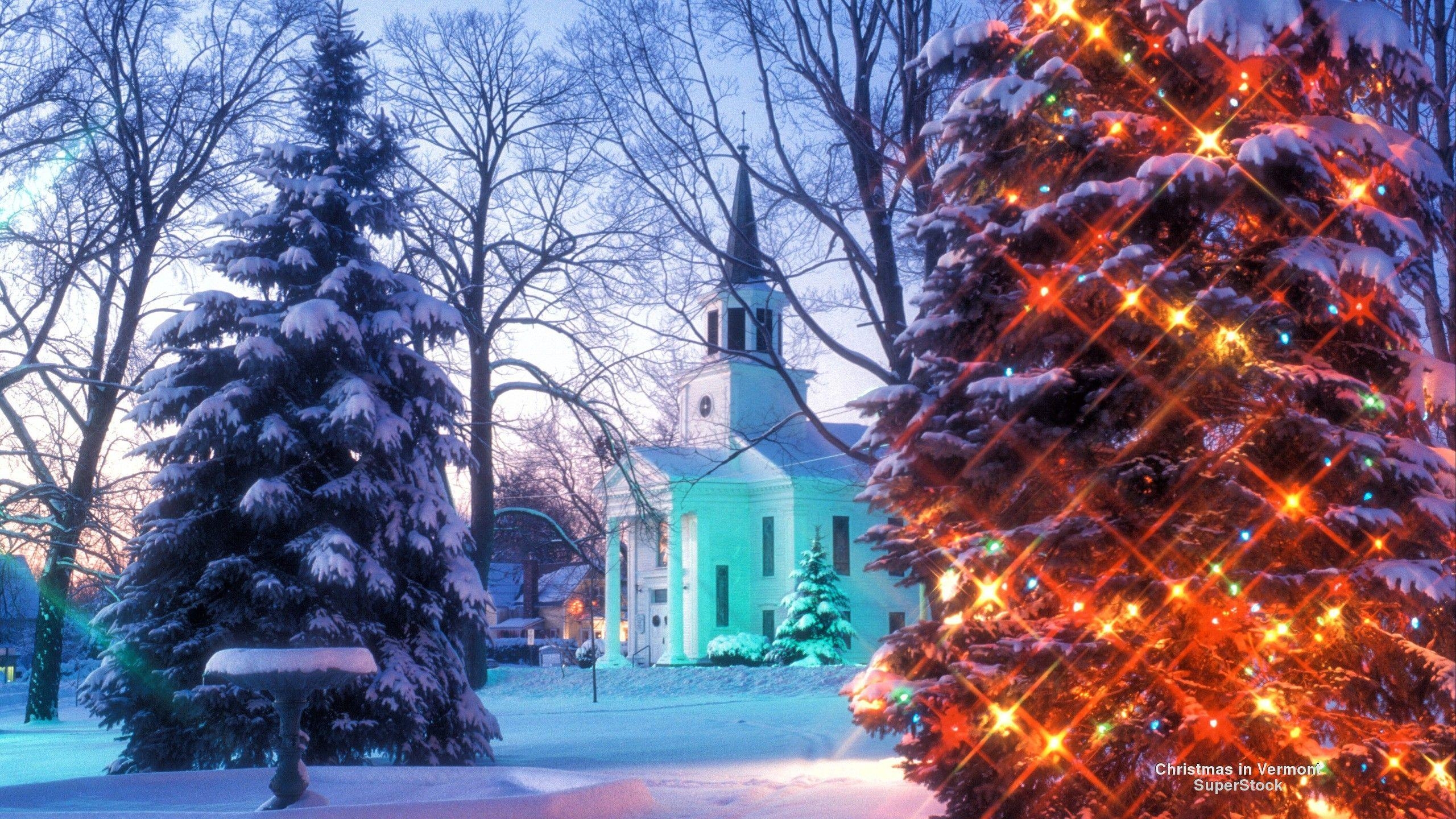 2560x1440 Winter Snow Nature Church Trees Christmas Vermont Desktop, Desktop