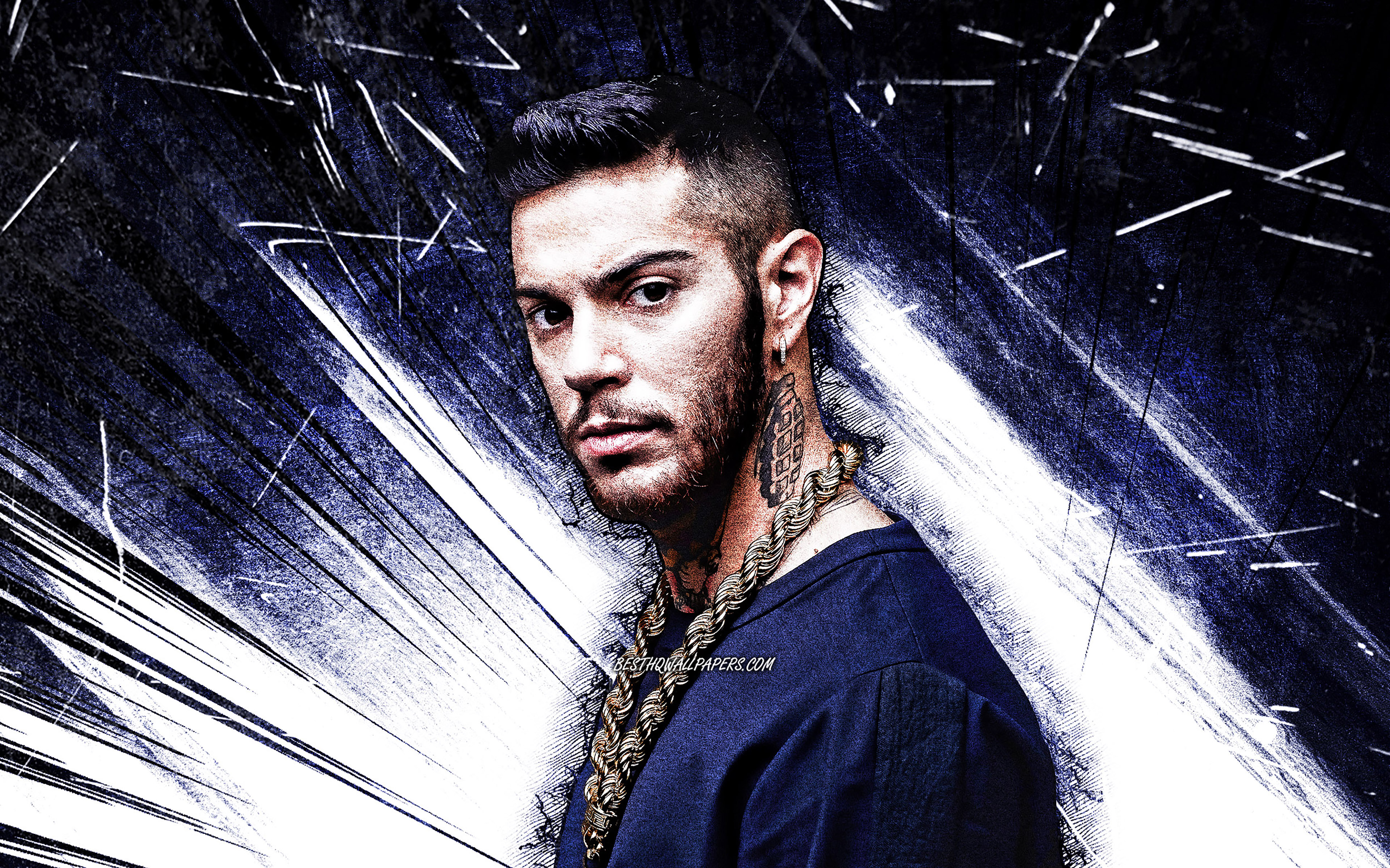 3840x2400 Download wallpaper 4k, Emis Killa, grunge art, italian rapper, music stars, Emiliano Rudolf Giambelli, blue abstract rays, italian celebrity, Emis Killa 4K for desktop with resolution. High Quality HD picture wallpaper, Desktop