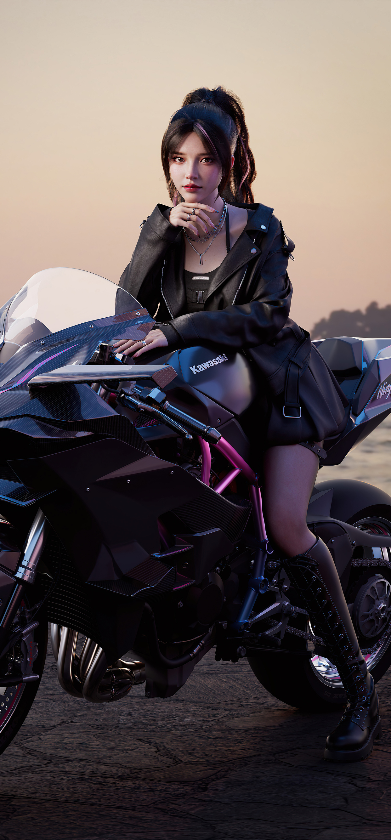 1250x2670 Cool Asian Girl On Ninja H2r, Phone