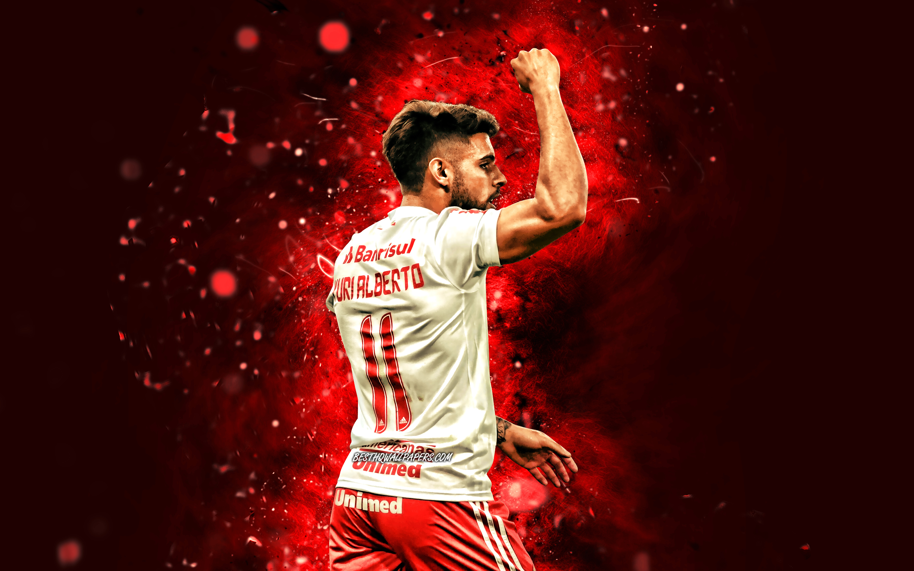 3840x2400 Download wallpaper 4k, Yuri Alberto, back view, Internacional FC, soccer, brazilian footballers, Yuri Alberto Monteiro da Silva, Brazilian Serie A, football, red neon lights, Yuri Alberto 4K for desktop with resolution, Desktop