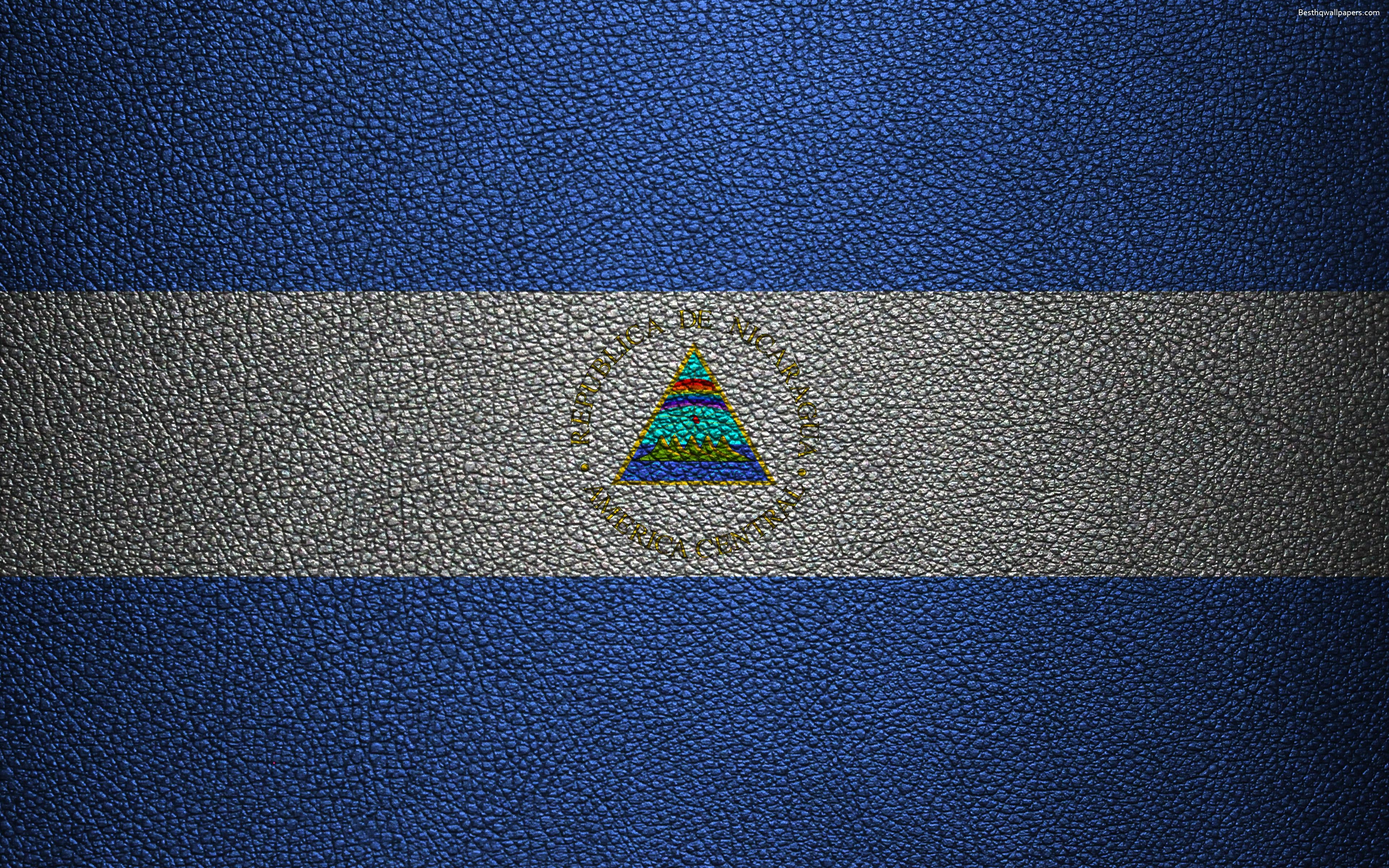 3840x2400 Download wallpaper Flag of Nicaragua, 4k, leather texture, North, Desktop