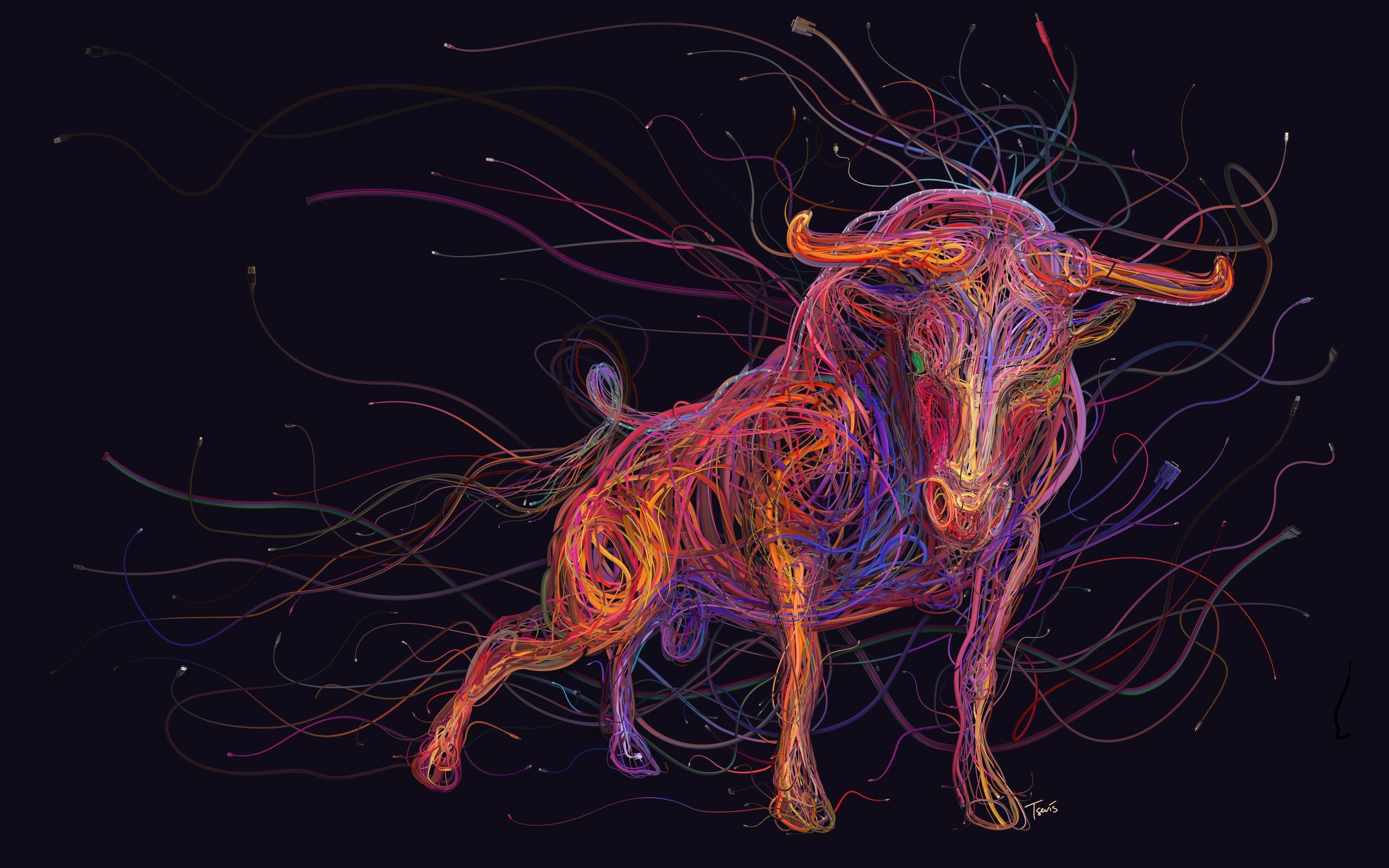 3840x2400 Bull, #colorful, #digital art, #animals, #ethernet, #USB, #wires, Desktop