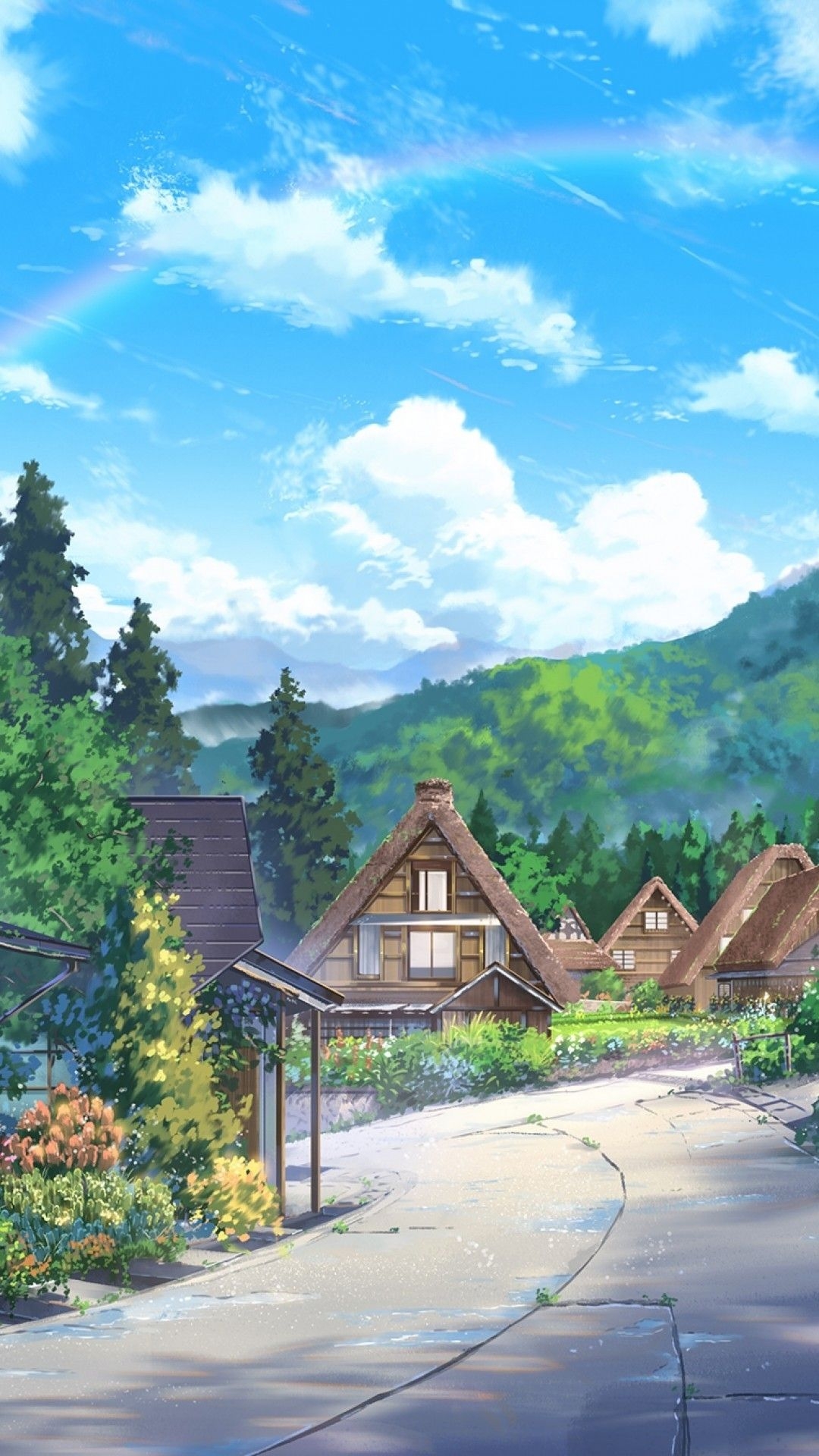 1080x1920 Download  Anime Landscape, Houses, Scenic, Clouds, Nature, Phone