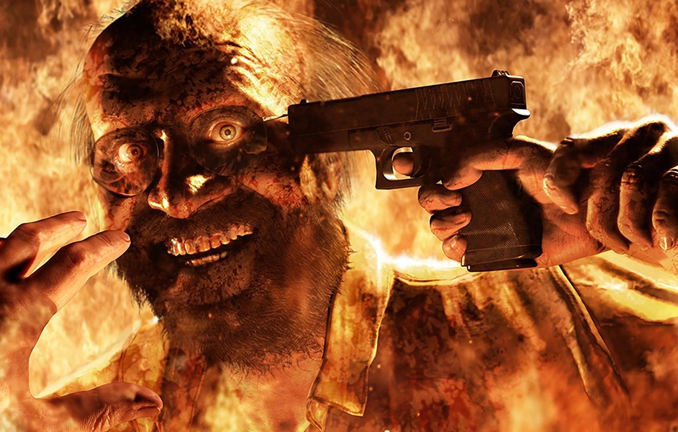 1340x850 Wallpaper fire, flame, gun, pistol, game, weapon, Resident Evil, man, Desktop