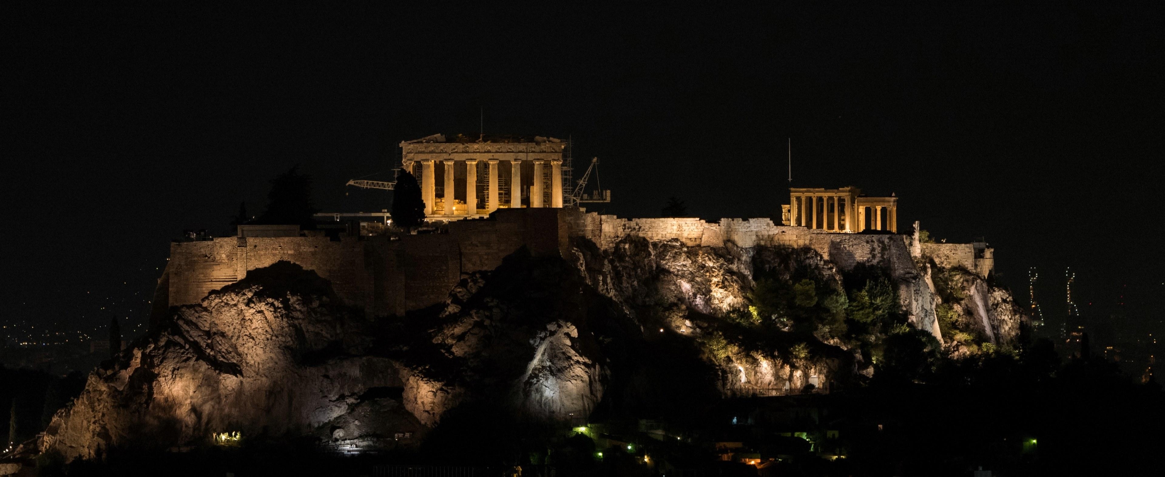 3840x1580 acropolis night 4k wallpaper and background, Dual Screen