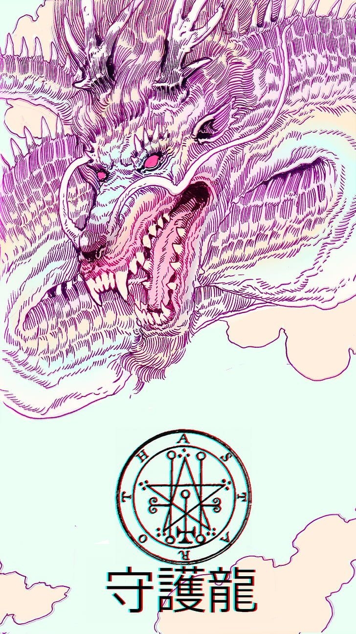 730x1300 HD wallpaper: kanji, Japan, dragon, vaporwave, Phone