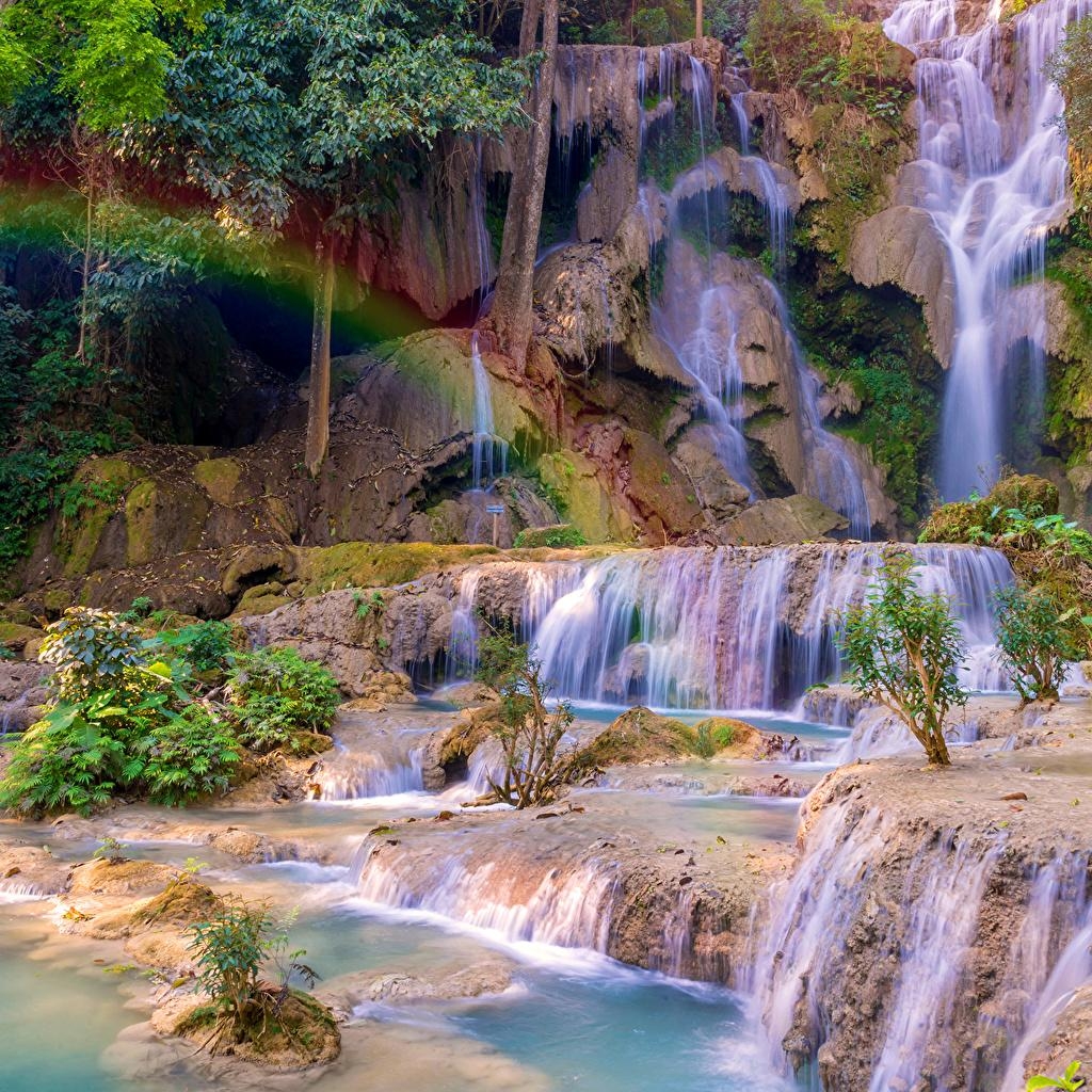 1030x1030 Wallpaper Tat Kuang Si Waterfalls Luang prabang Laos Rock Nature, Phone