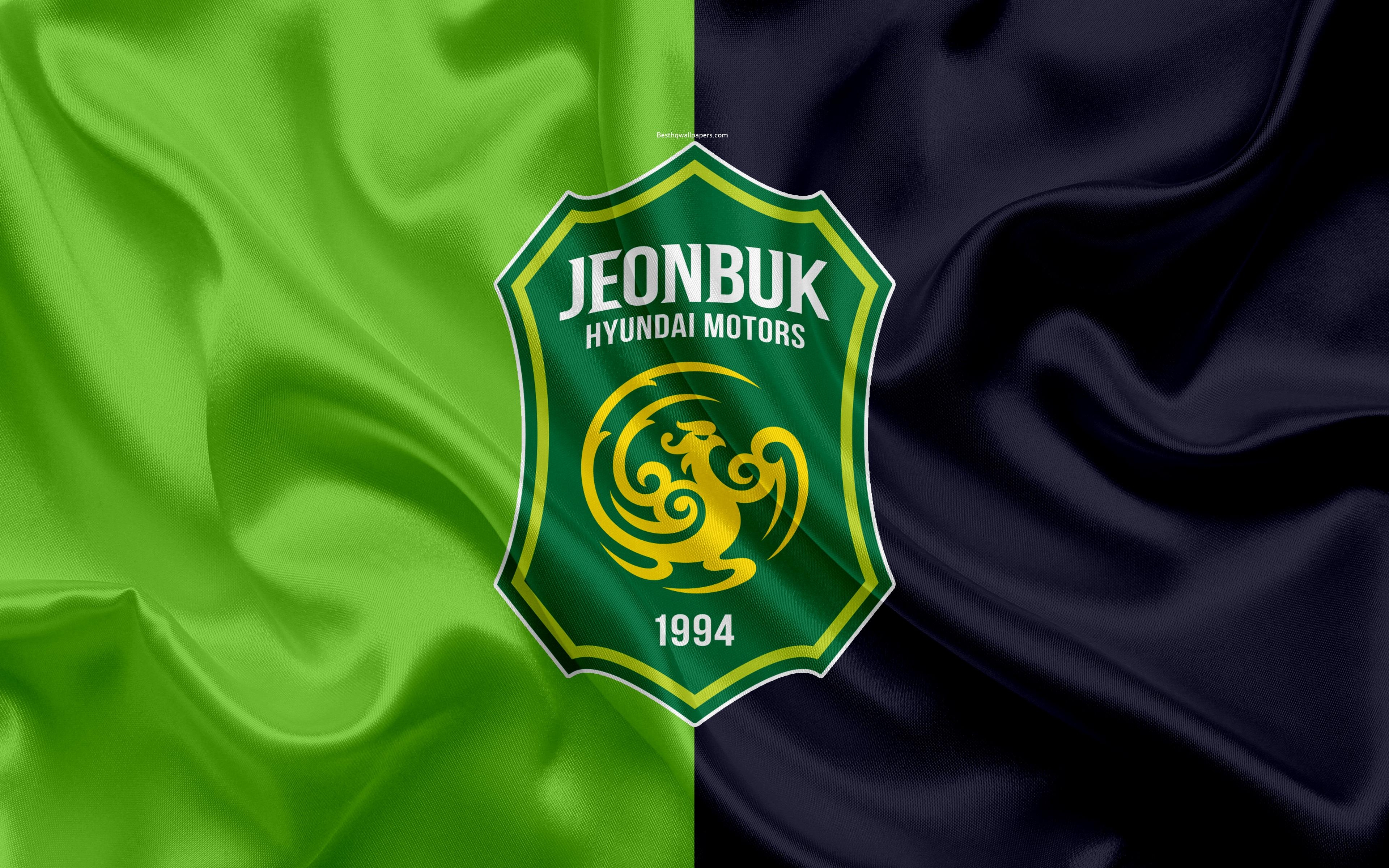 3840x2400 Download wallpaper Jeonbuk Hyundai Motors FC, silk flag, 4k, logo, Desktop