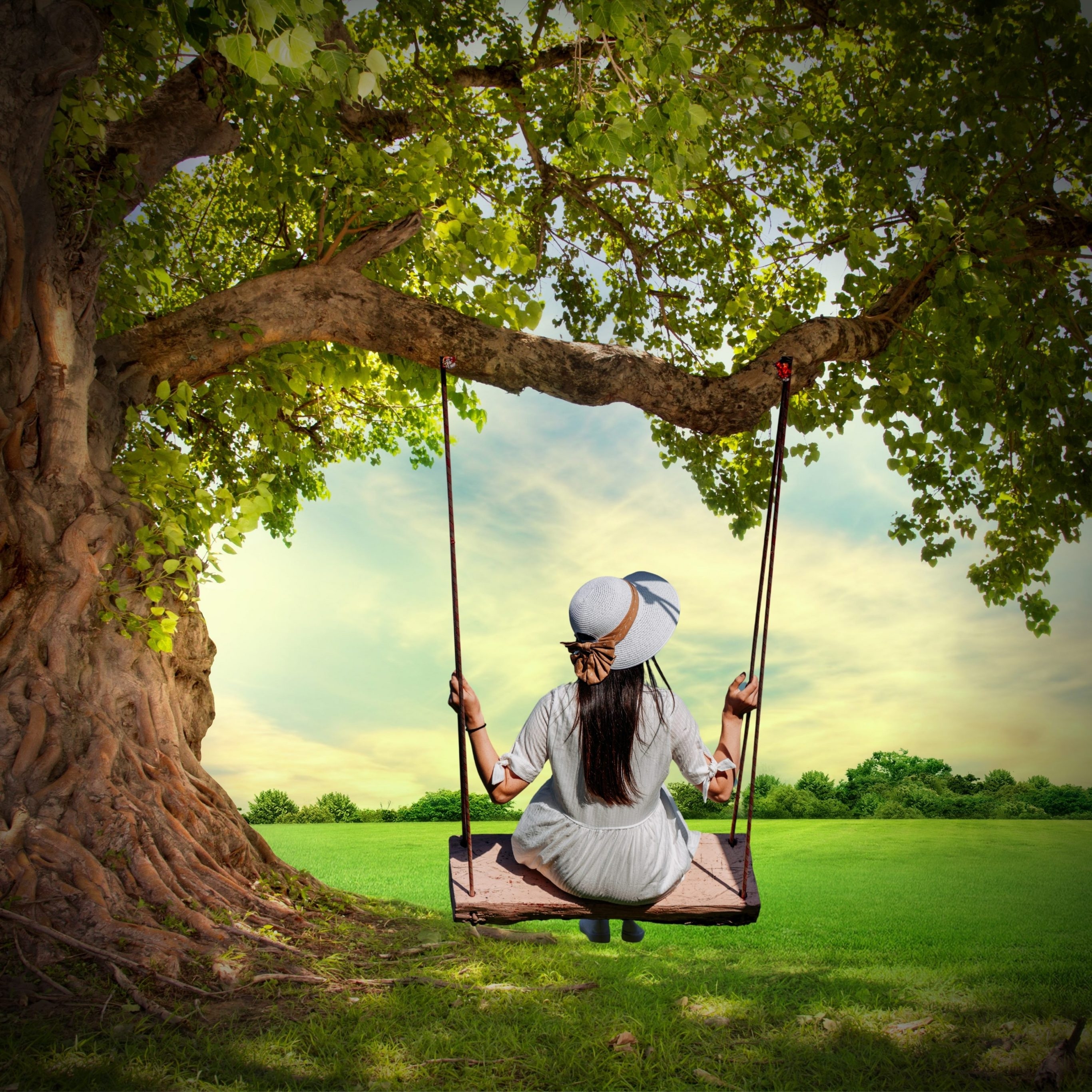 2740x2740 Girl Swing Tree Grass Nature iPad, Phone