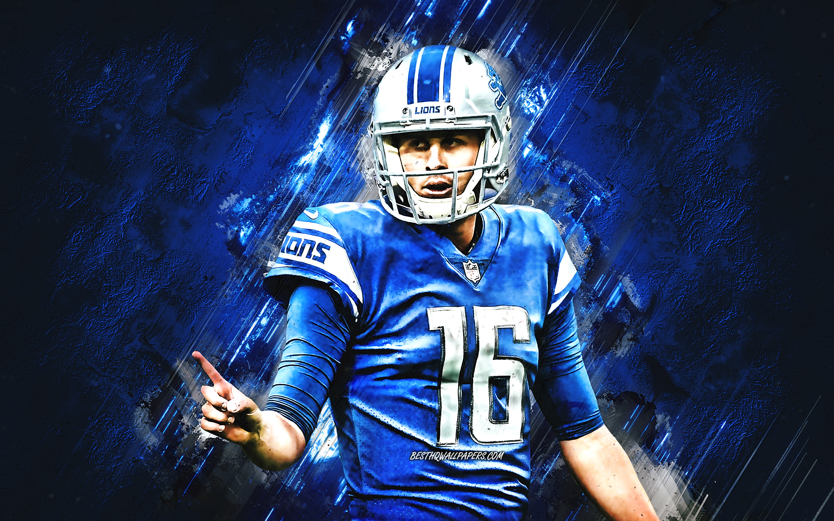 2880x1800 Download wallpaper Jared Goff, Detroit Lions, NFL, American football, blue stone background, grunge art, National Football League for desktop with resolution. High Quality HD picture wallpaper, Desktop